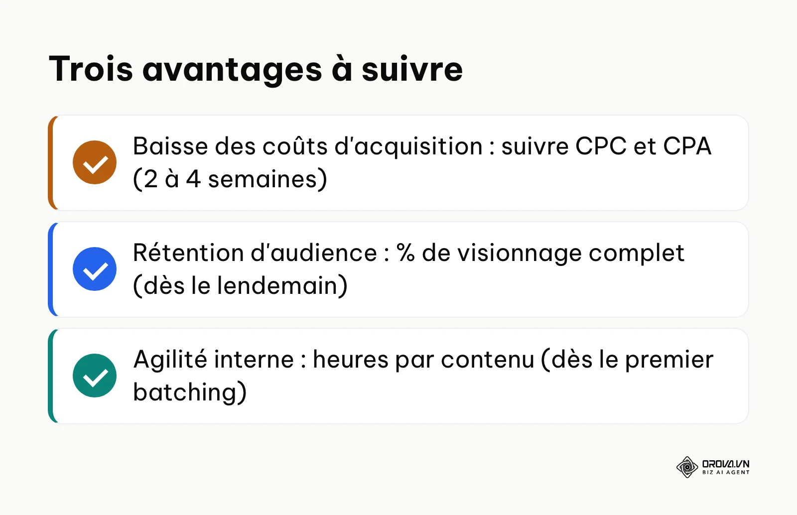 Liste des trois avantages des vidéos courtes et de l'indicateur à suivre pour chacun.