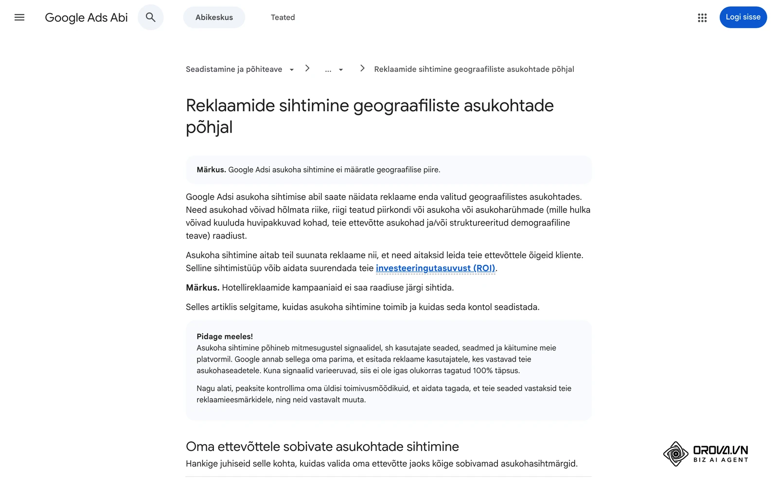 Google Adsi abikeskus eesti keeles: reklaamide sihtimine geograafiliste asukohtade põhjal.