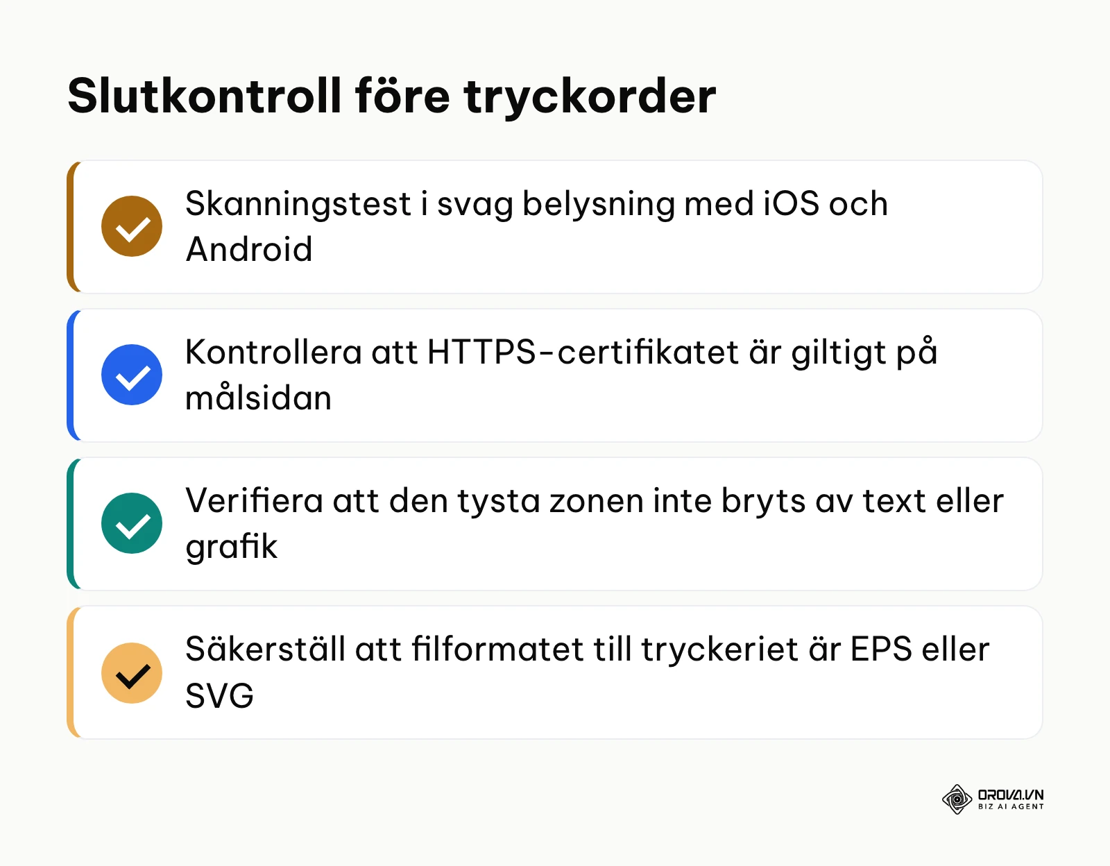Checklista med kontrollpunkter innan en QR-kod skickas till slutlig tryckning.
