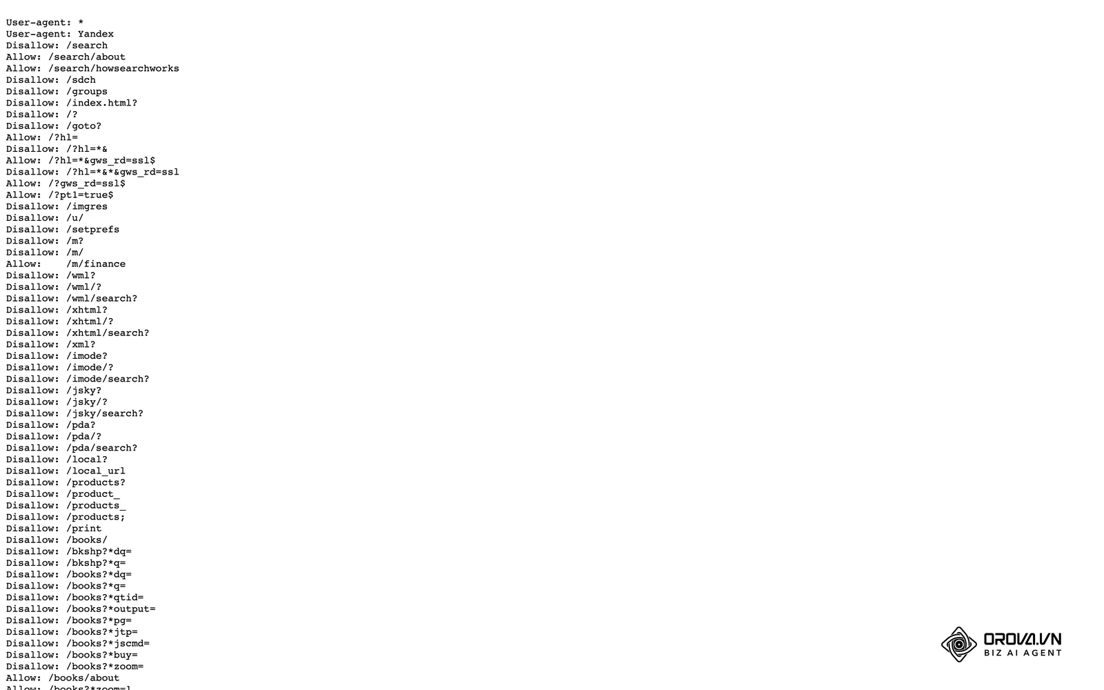 Un vrai fichier robots.txt en ligne (celui de google.com) : directives User-agent, Allow et Disallow en texte brut, tel que Googlebot le lit.