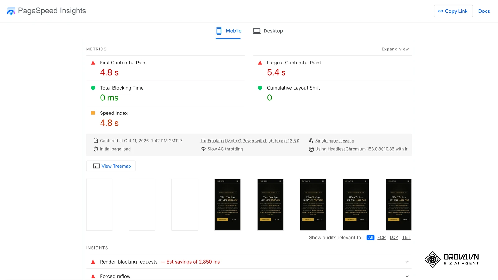 ຕົວຊີ້ວັດ Lab ໃນ PageSpeed Insights ມືຖືຂອງ vwealth.vn: LCP 5.4 s, FCP 4.8 s, TBT 0 ms, CLS 0