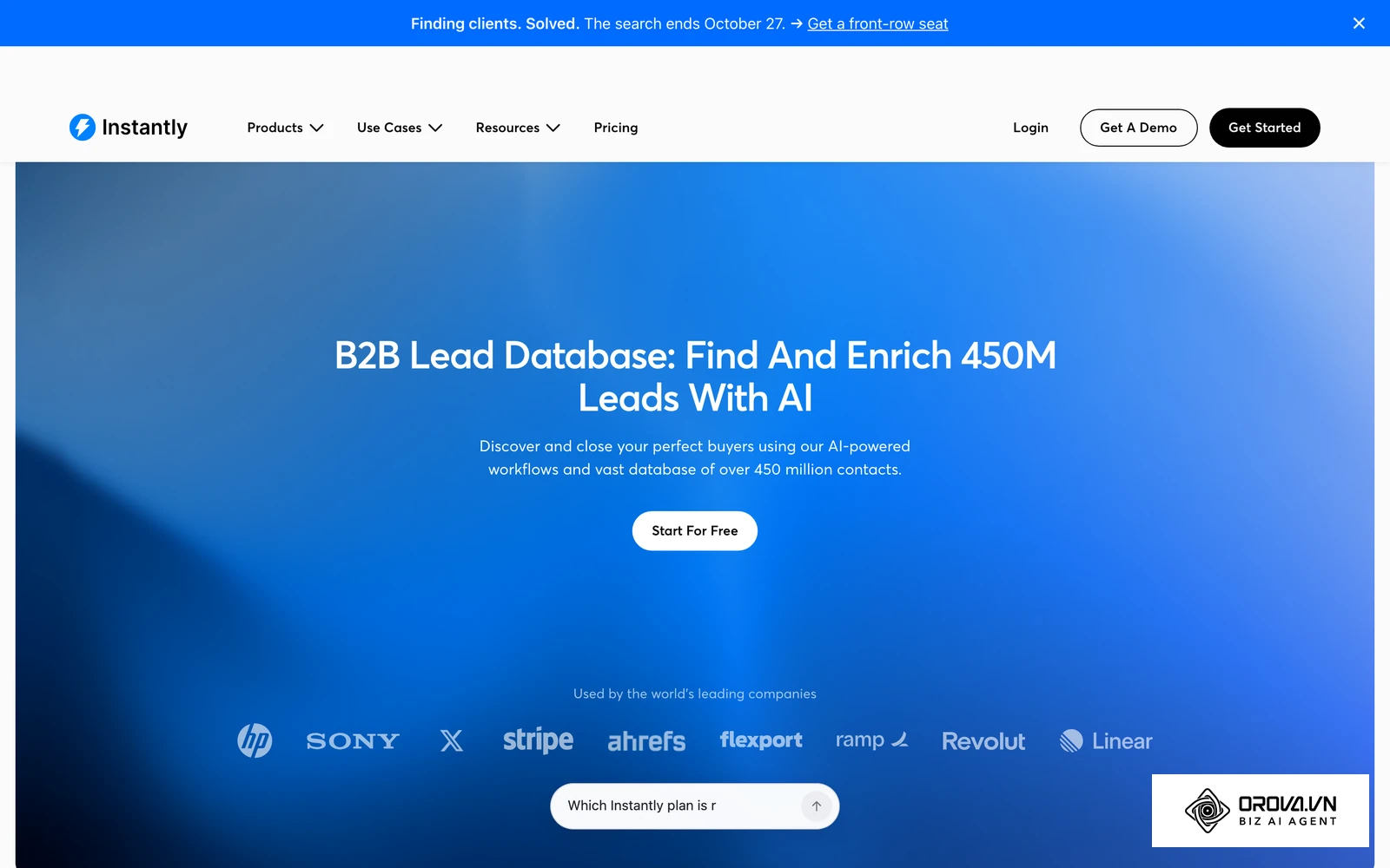 Instantly's public Lead Finder page, introducing the add-on B2B lead database that feeds its cold email campaigns.