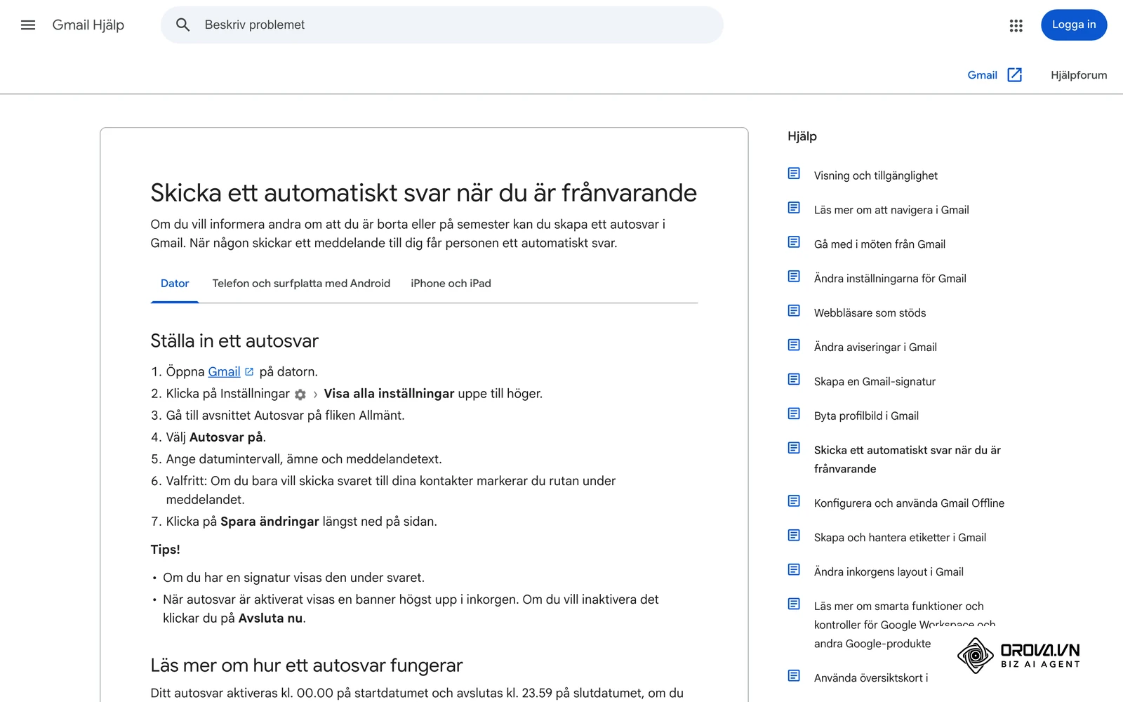Googles svenska hjälpsida "Skicka ett automatiskt svar när du är frånvarande" med stegen för Autosvar i Gmail.