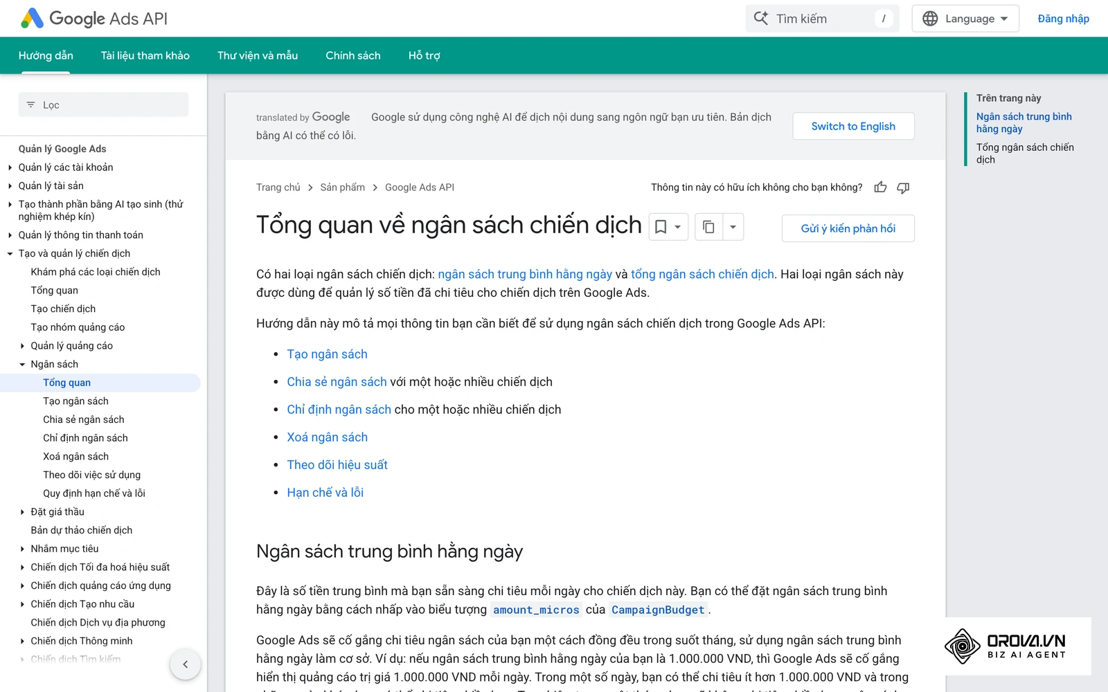 Tài liệu Google Ads mô tả ngân sách chiến dịch: mức chi trung bình mỗi ngày và cách nền tảng phân phối số tiền đó.