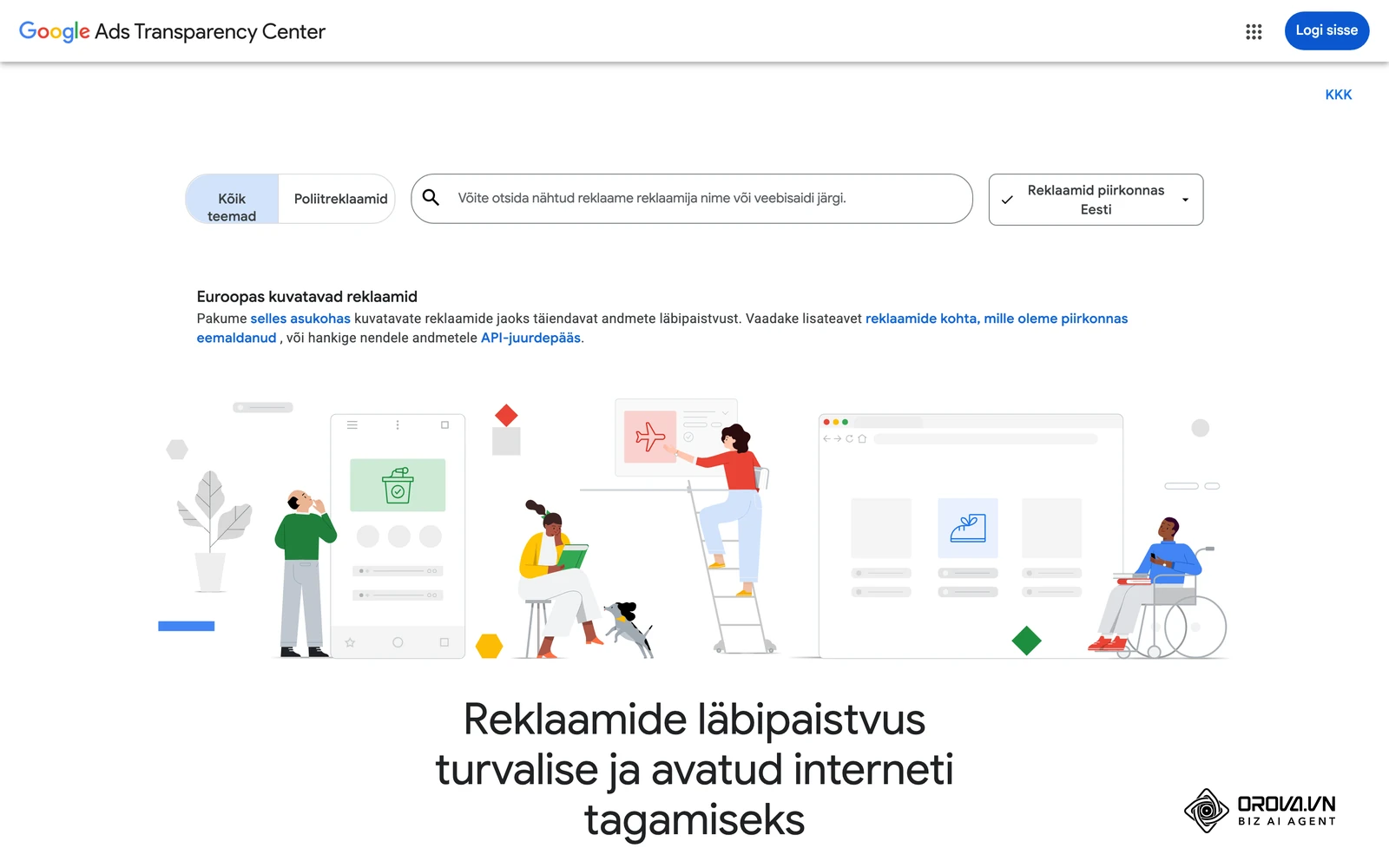 Google'i reklaamide läbipaistvuskeskus (Ads Transparency Center), piirkonnaks valitud Eesti: otsinguväljale saab sisestada reklaamija nime või veebisaidi.