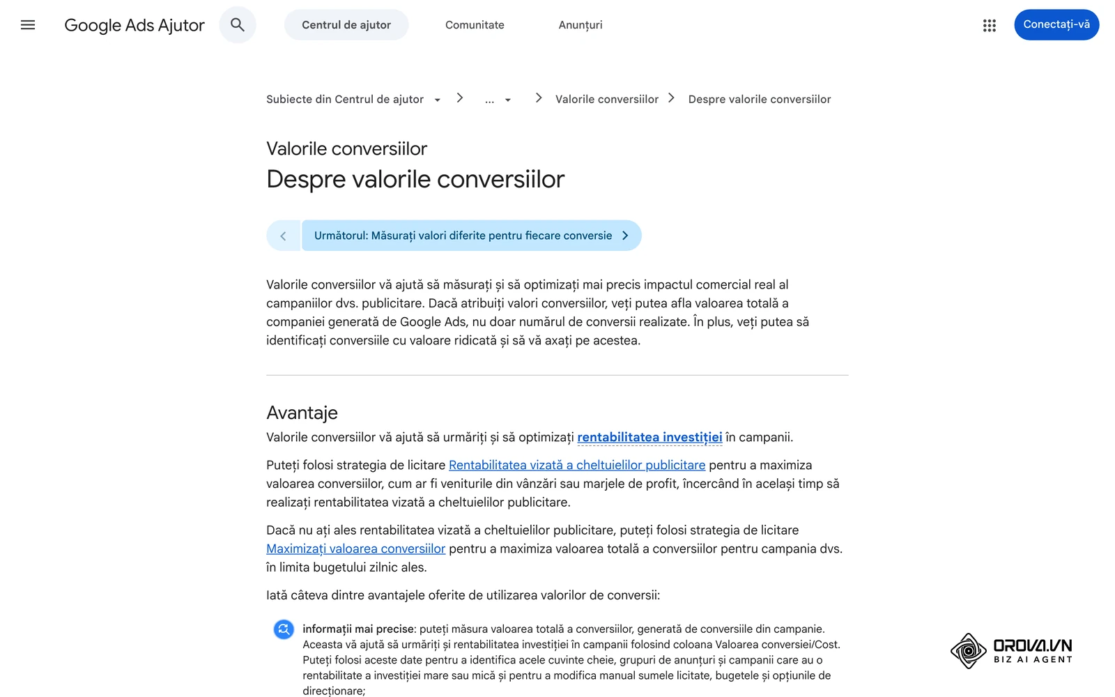 Ajutorul Google Ads în română: „Despre valorile conversiilor”; fără valori atribuite conversiilor, tabloul de bord nu are venituri pe care să le pună în formula ROI.