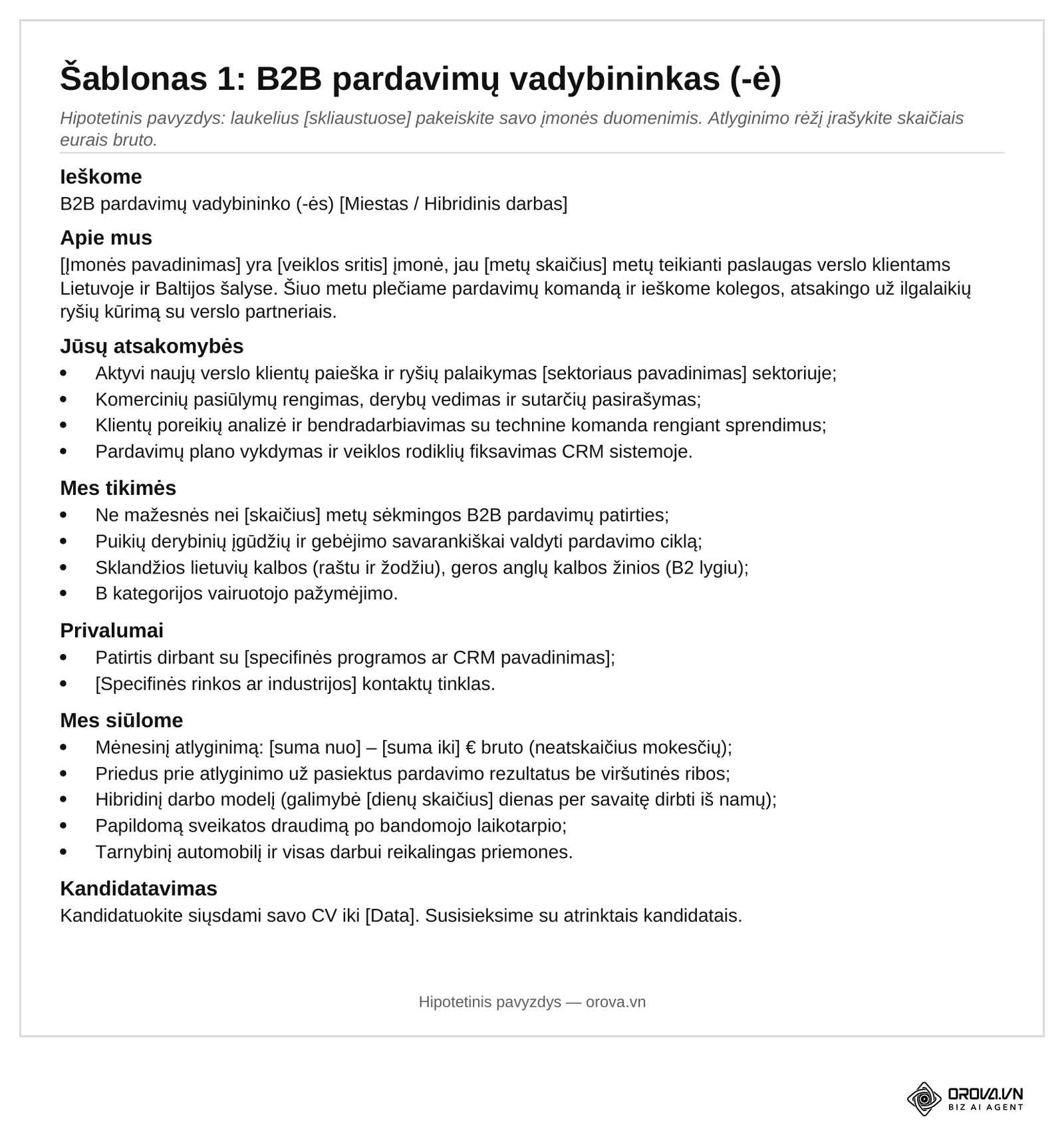 2-asis atsisiunčiamo Word failo puslapis: Šablonas 1 – B2B pardavimų vadybininkas (-ė) su įmonės laukeliais skliaustuose ir atlyginimo rėžiu [suma nuo] – [suma iki] € bruto.