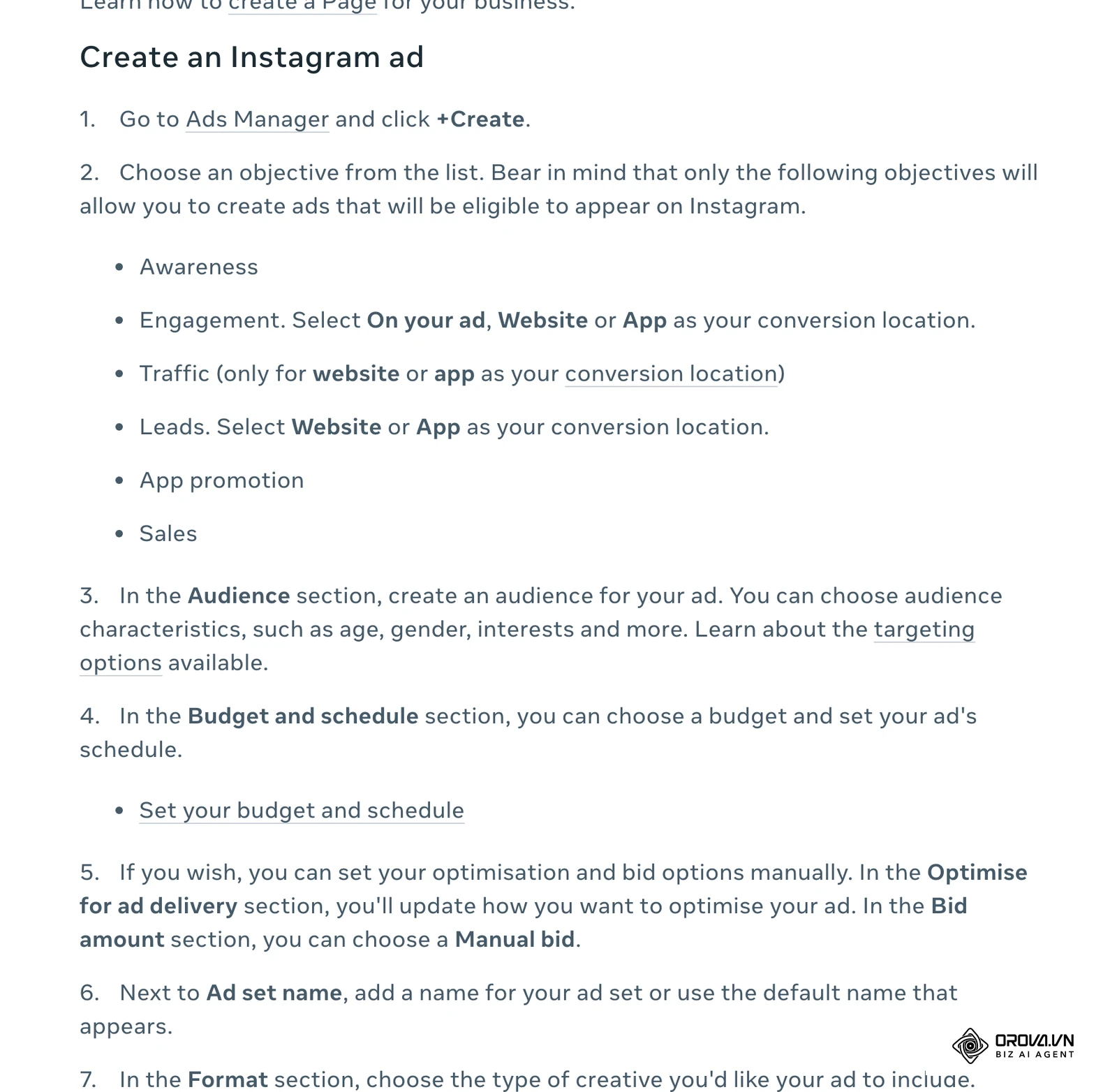 Meta centar za pomoć (engleski): „Create Instagram ads in Meta Ads Manager“ – koraci od „+Create“ i izbora cilja do odeljaka Audience, Budget and schedule i Format.