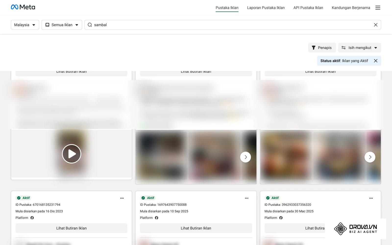 Hasil carian kata kunci sambal di Meta Ad Library (Malaysia): setiap kad iklan memaparkan status Aktif, ID Pustaka, tarikh Mula disiarkan dan butang Lihat Butiran Iklan. Nama, logo dan teks pengiklan dikaburkan.
