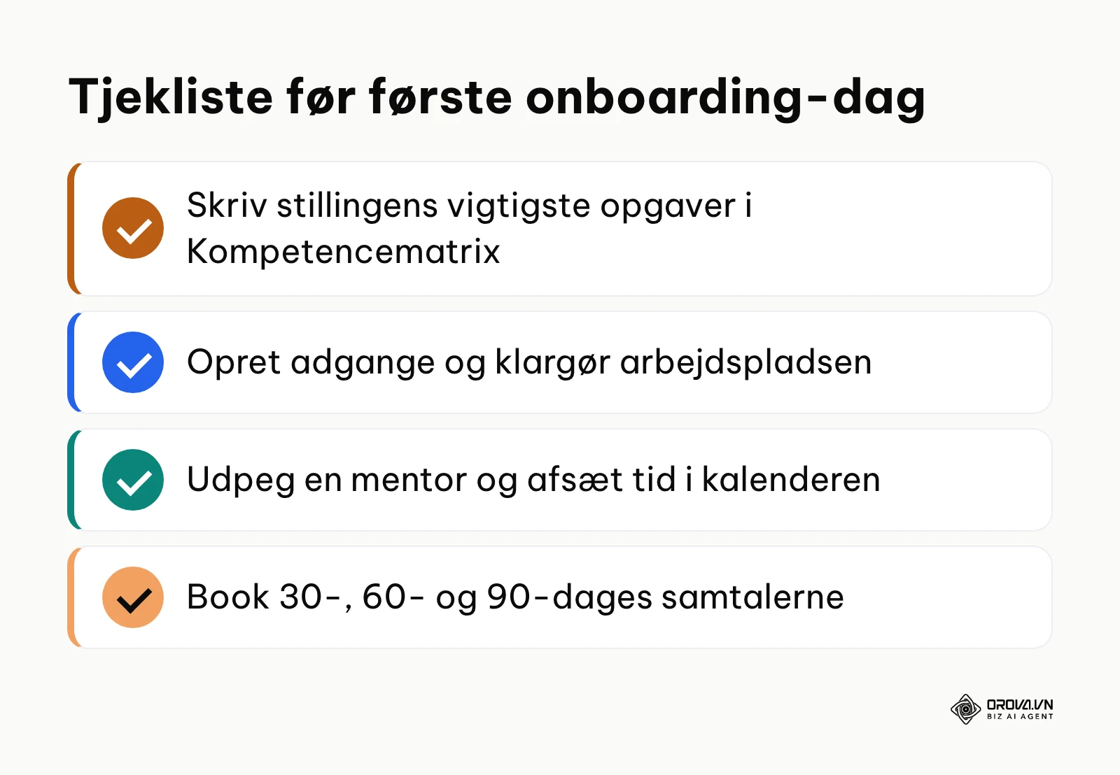 Tjekliste med fire afgørende punkter inden medarbejderens første arbejdsdag.