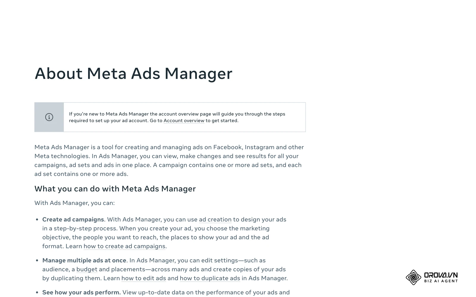 Meta Business Help Center’dagi «About Meta Ads Manager» rasmiy maqolasi (inglizcha versiya): Ads Manager’da kampaniya, reklama guruhi va e'lonlarni bir joyda boshqarish.