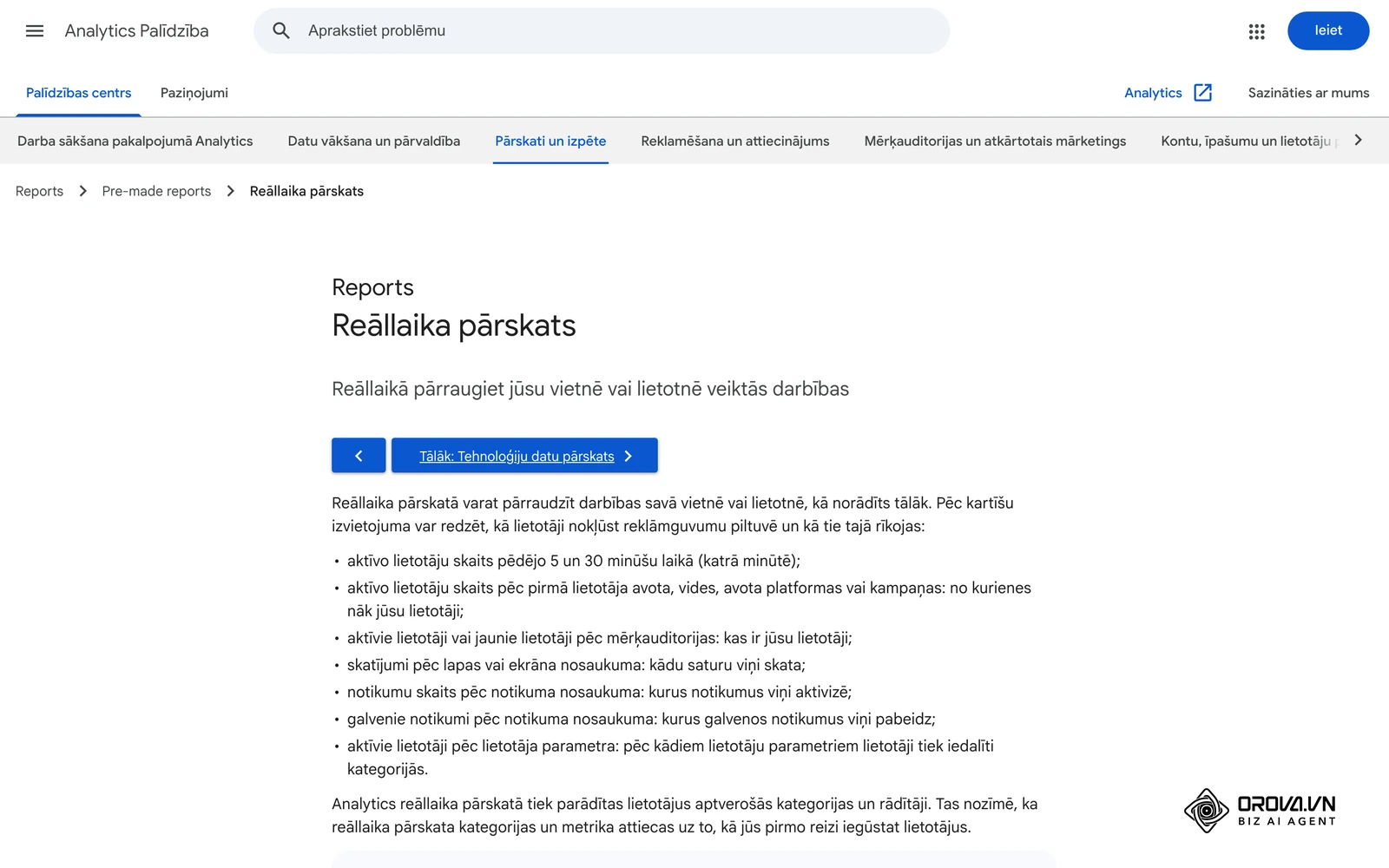 Google Analytics palīdzības raksts par Reāllaika pārskatu (Realtime), kurā var pārbaudīt testa apmeklējumu.