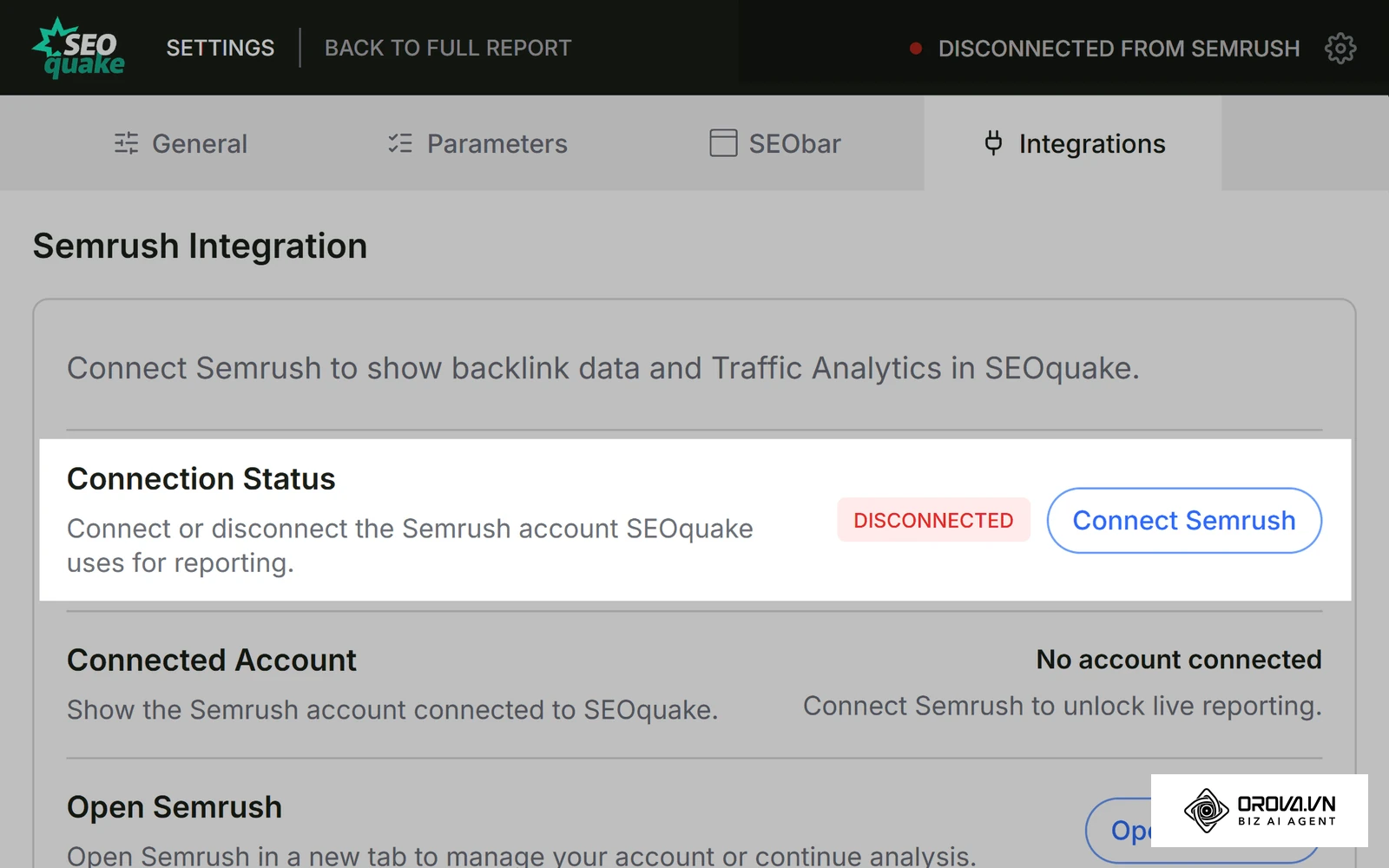 ផ្ទាំង Settings > Integrations ពិតរបស់ SEOquake៖ ប៊ូតុង Connect Semrush នៅក្រោម Semrush Integration