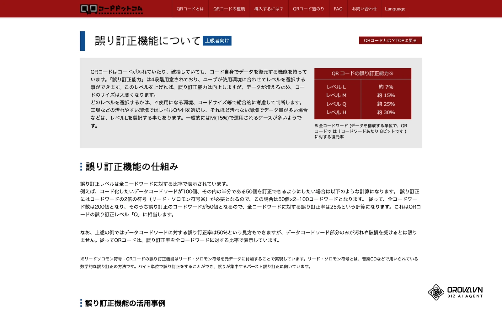 株式会社デンソーウェーブのQRコードドットコム「誤り訂正機能について」。L・M・Q・Hの4段階の誤り訂正レベルが解説されている。