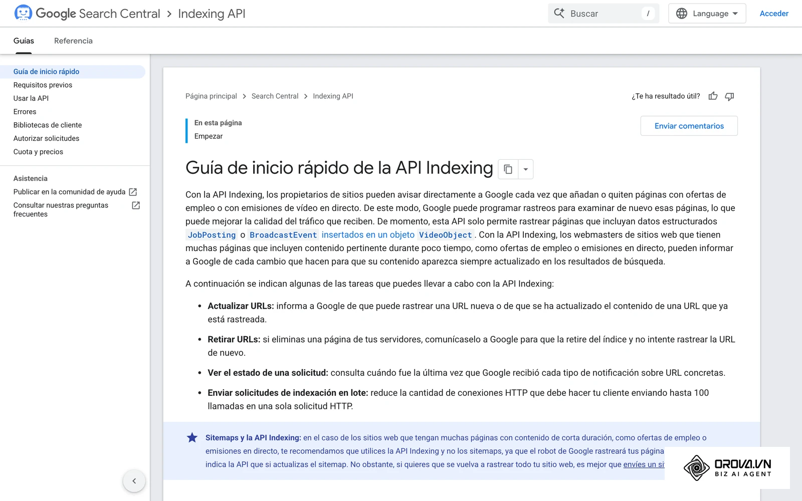 Documentación oficial de la Indexing API: solo para JobPosting y BroadcastEvent.
