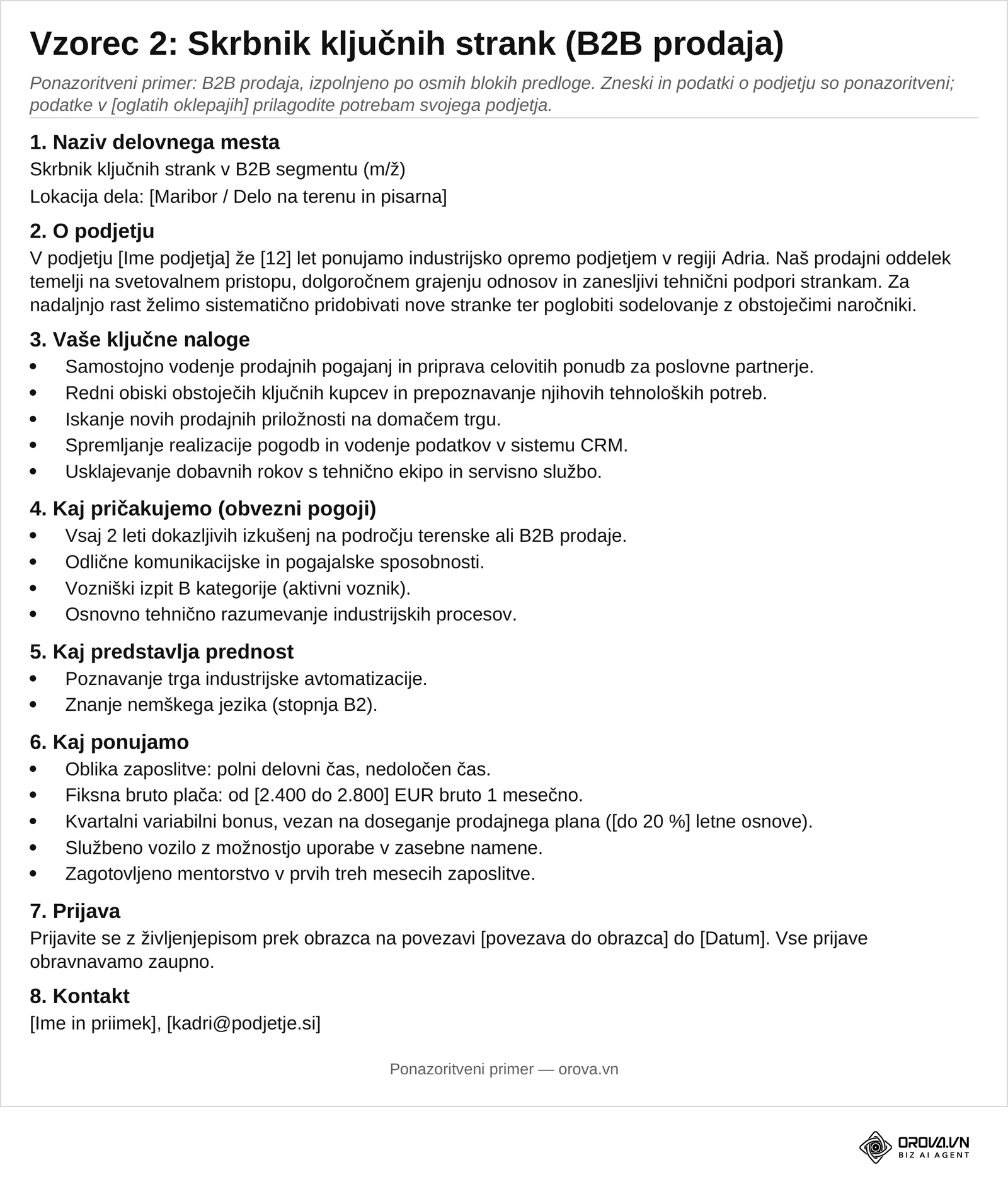 Stran 3 datoteke za prenos: izpolnjen vzorec oglasa za skrbnika ključnih strank v B2B segmentu, plača od 2.400 do 2.800 EUR bruto 1 mesečno (ponazoritveni primer).