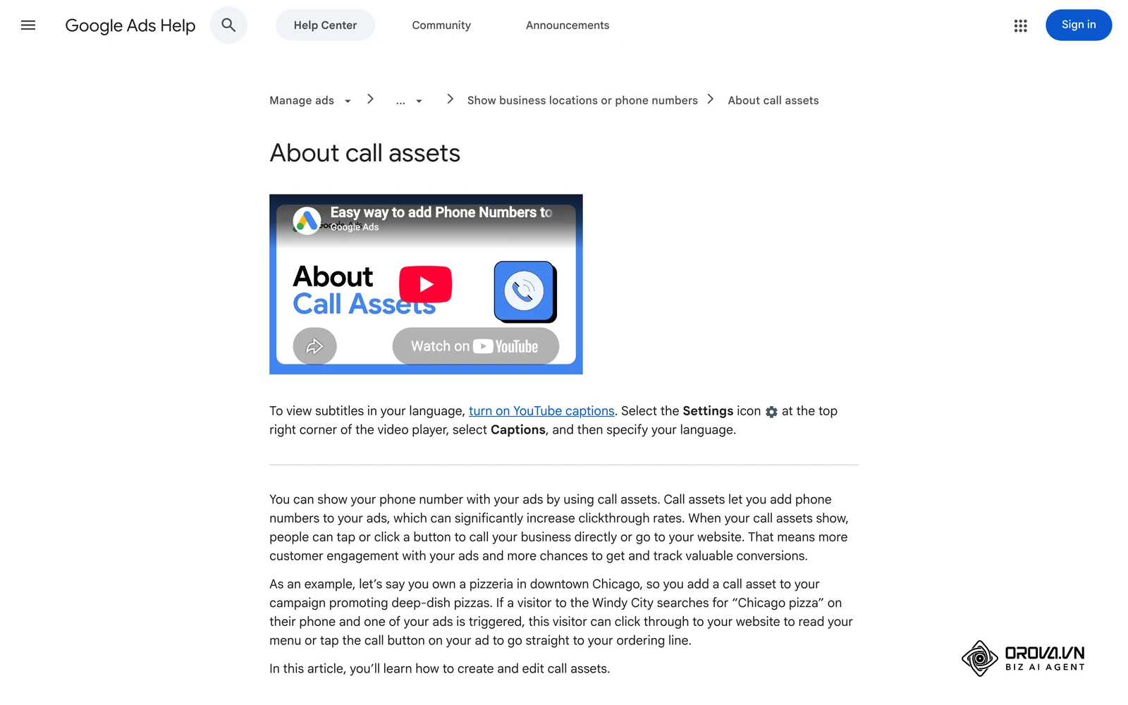 Google Ads yordam markazidagi qoʻngʻiroq kengaytmasi (Call asset) sahifasi: eʼlonga telefon raqami va qoʻngʻiroq tugmasini qoʻshish.