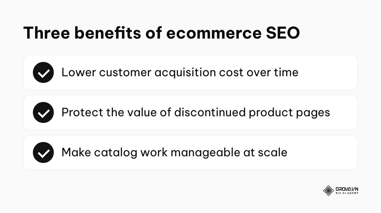 Summary of three benefits of ecommerce SEO: lower acquisition cost, protected page value, manageable catalog work.
