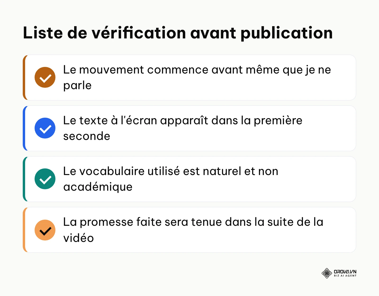 Checklist des éléments essentiels à valider avant de publier la vidéo.