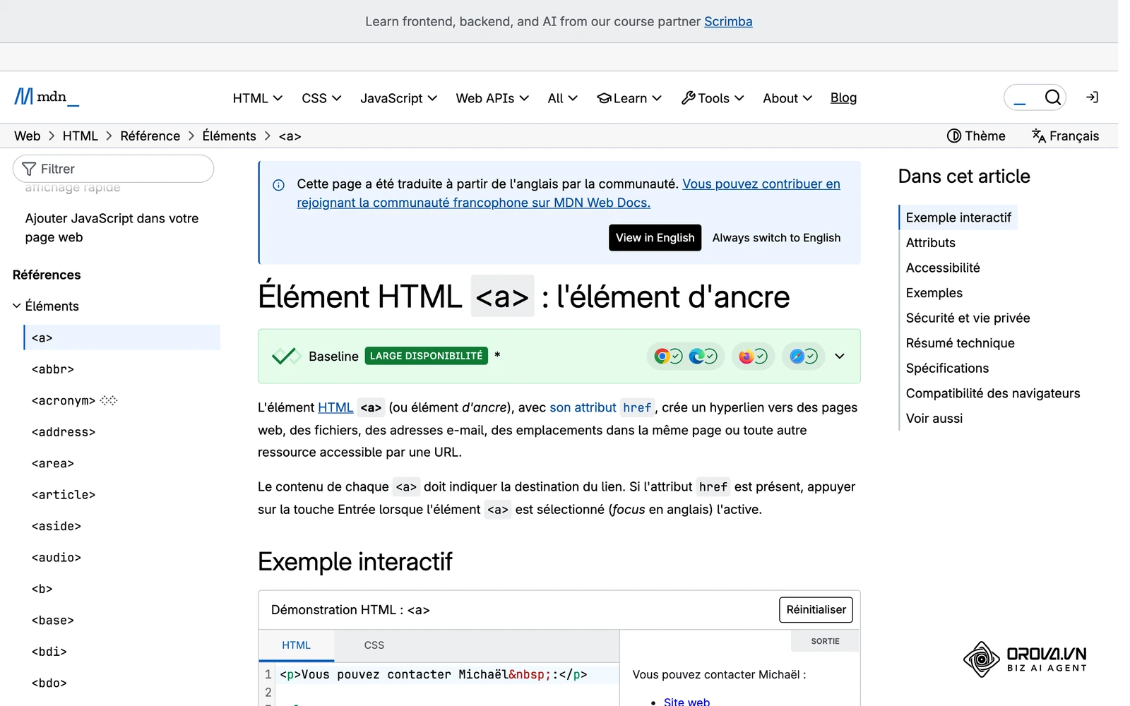 Documentation MDN de l'élément HTML a, la balise qui porte chaque lien interne et son attribut href.