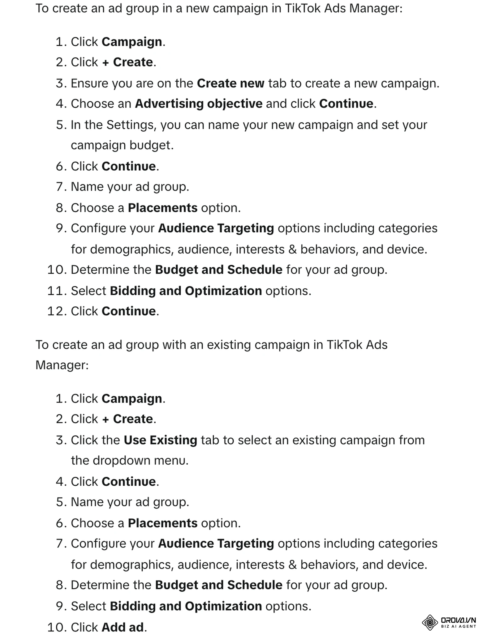 TikTok verslo pagalbos centras (lietuviškos versijos nėra, anglų k.): „How to create an ad group in TikTok Ads Manager“ – seka nuo „Campaign“ ir „+ Create“ iki „Bidding and Optimization“.
