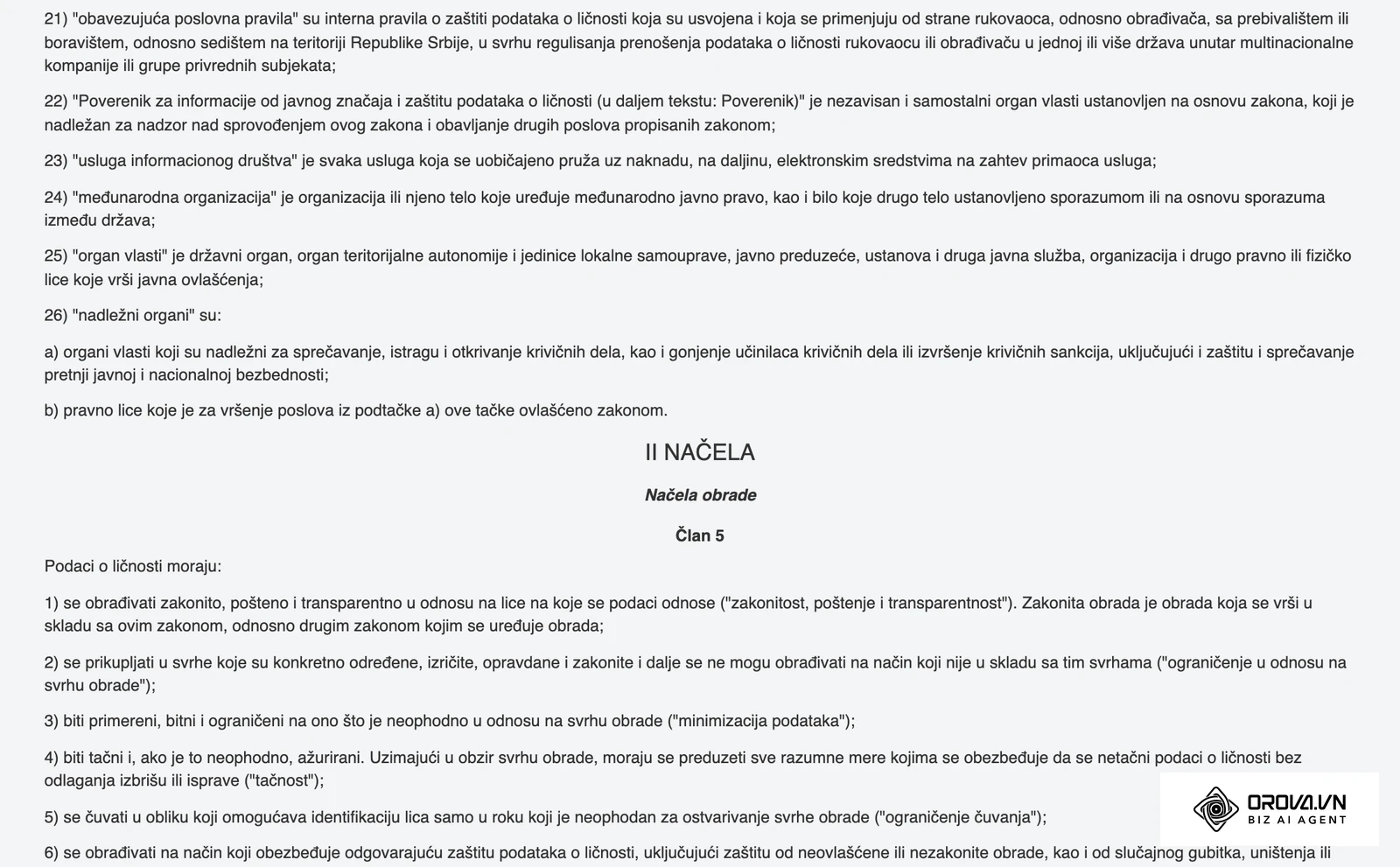 Zakon o zaštiti podataka o ličnosti na portalu Paragraf Lex: član 5 sa načelima obrade, uključujući minimizaciju podataka.