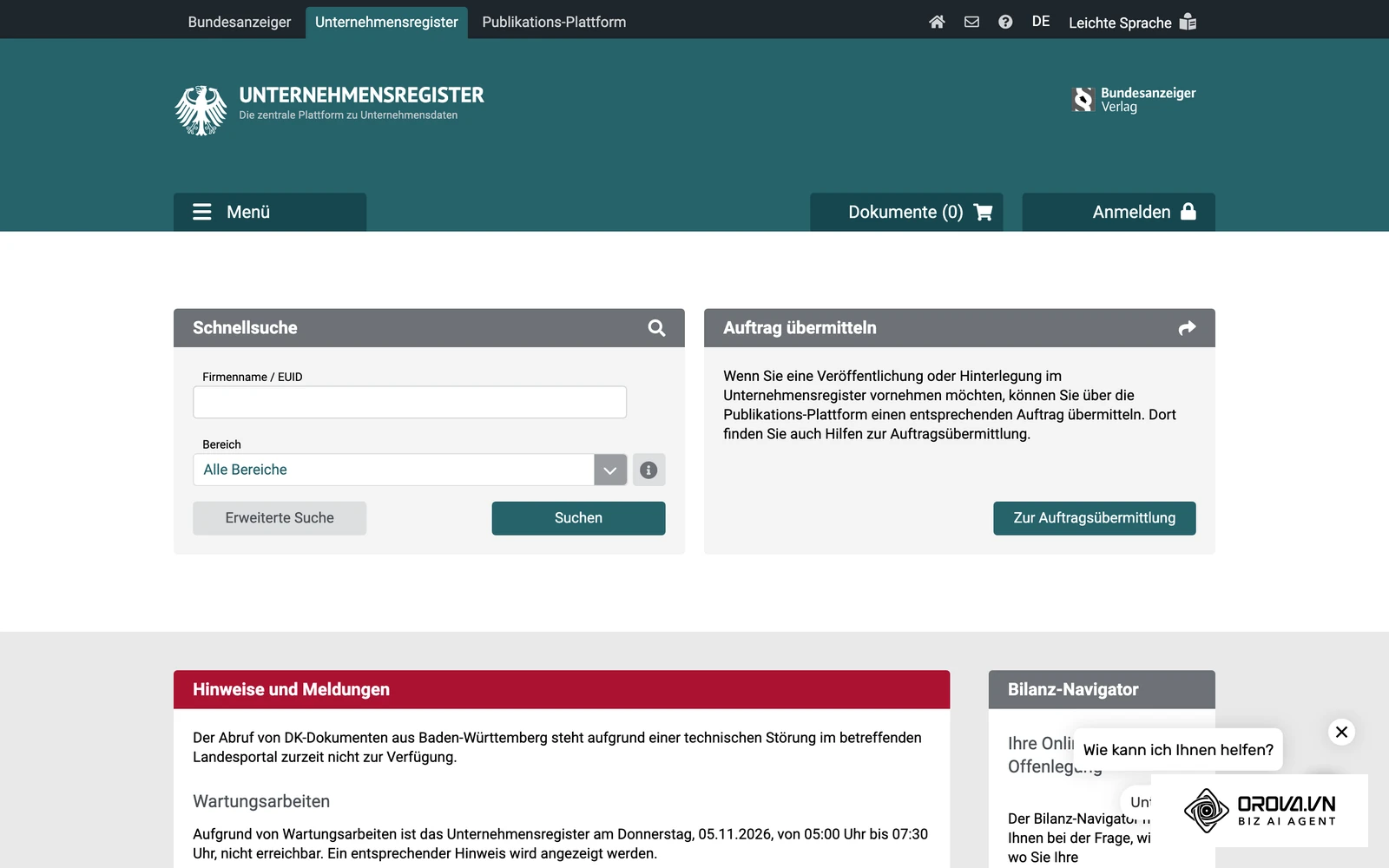Startseite des Unternehmensregisters mit der Schnellsuche nach Firmenname oder EUID und dem Feld Bereich.