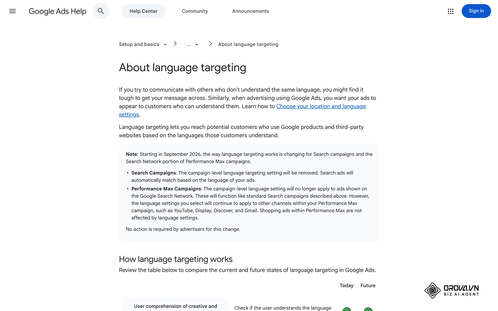 Google Ads yordam markazidagi "About language targeting" sahifasi: 2026-yil sentyabridan qidiruv kampaniyalarida til sozlamasi oʻrniga eʼlon tili hisobga olinadi.