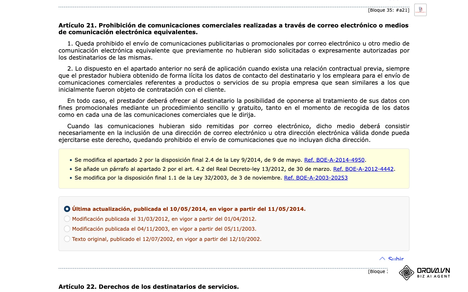 Article 21 de la LSSI (Llei 34/2002) al text consolidat de boe.es: prohibició de comunicacions comercials per correu no sol·licitades i excepció de relació contractual prèvia.