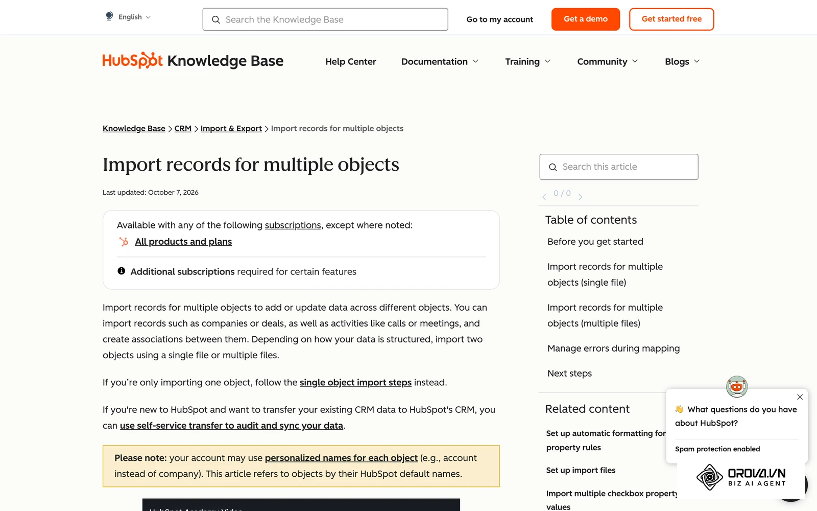 Trang trợ giúp nhập dữ liệu của HubSpot: ví dụ các bước nhập file CSV/Excel và ghép cột vào danh bạ CRM.