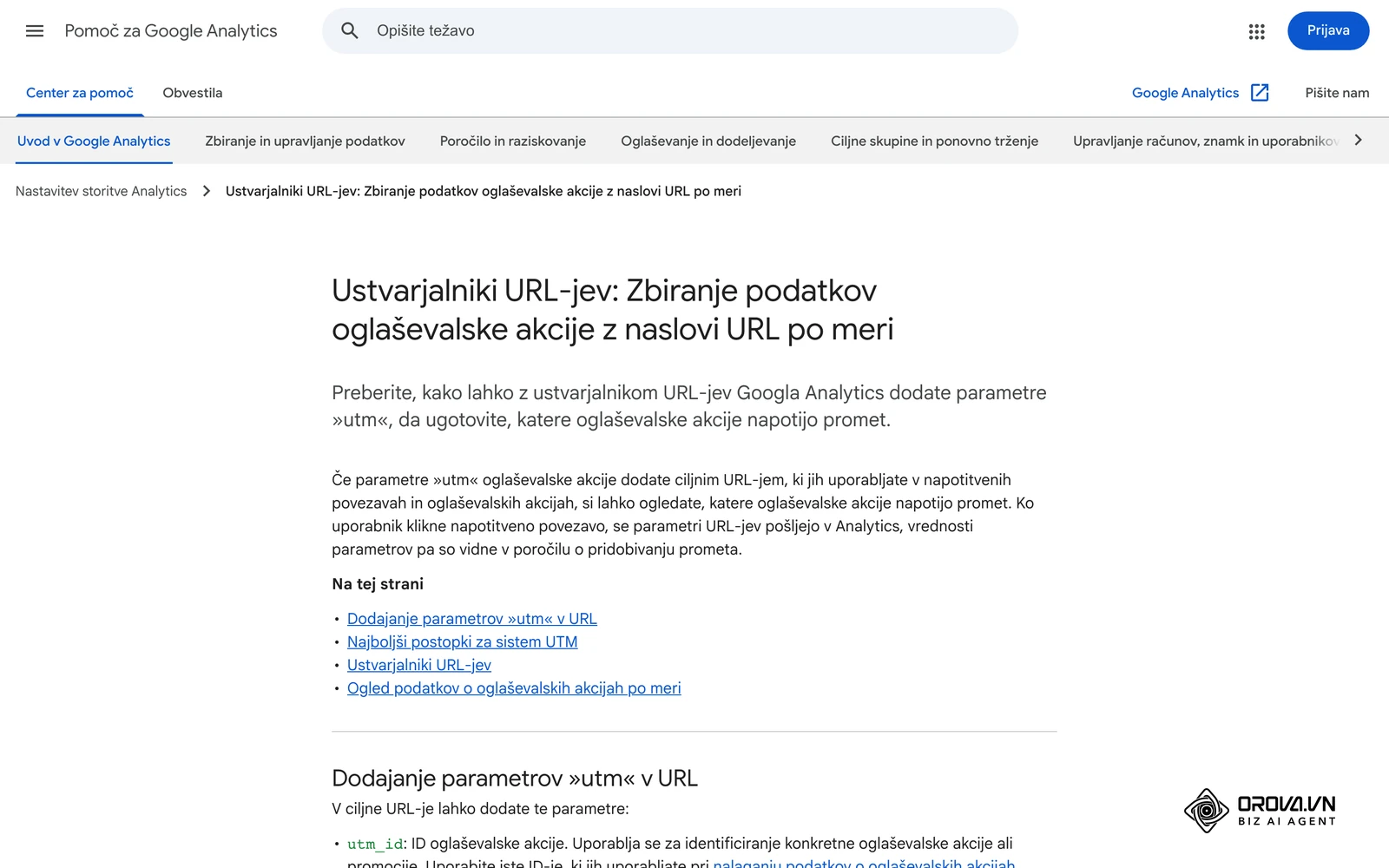 Pomoč za Google Analytics v slovenščini o ustvarjalnikih URL-jev: parametri utm_source, utm_medium, utm_campaign, utm_term in utm_content s primeri.