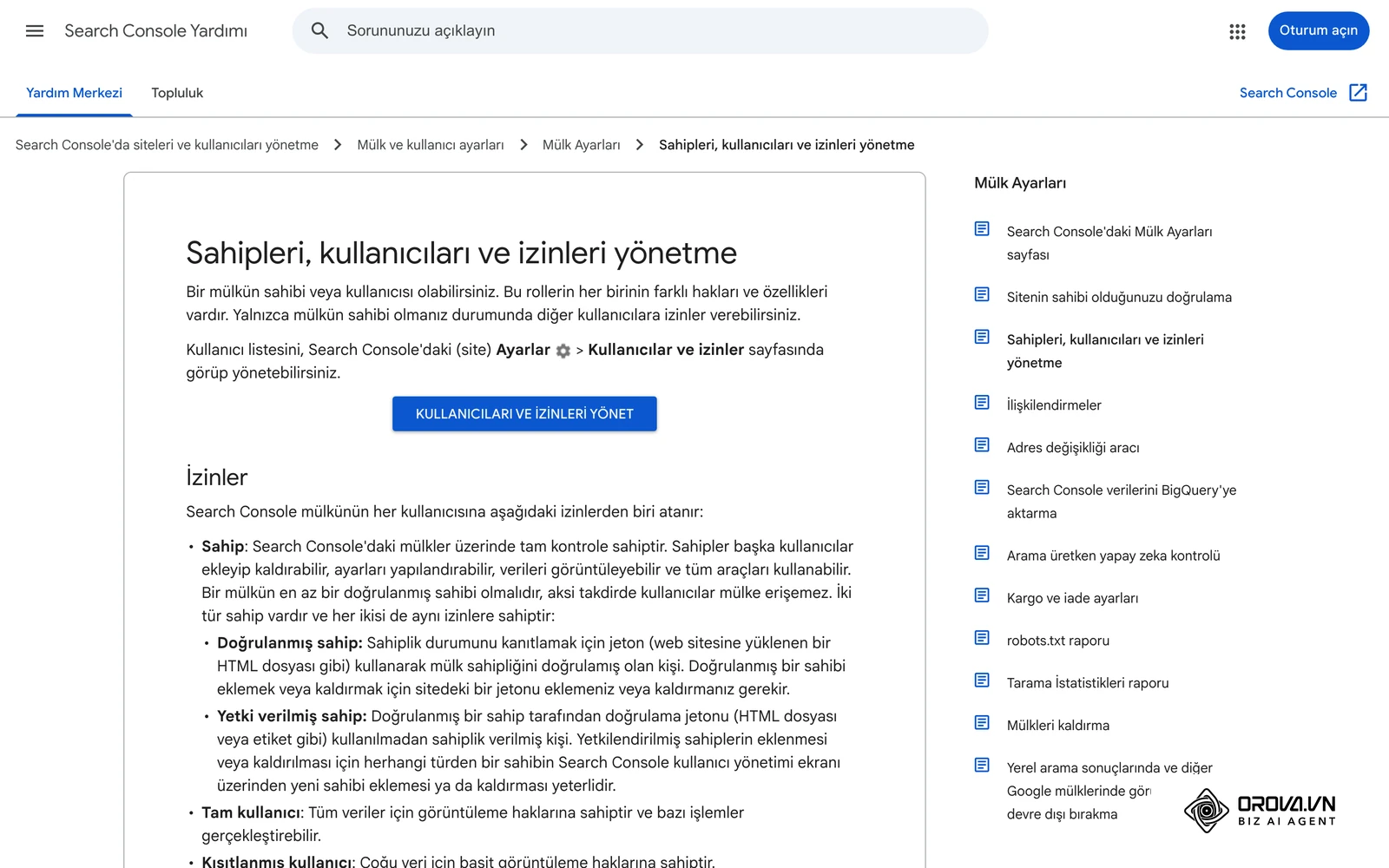 Search Console Yardımı (Türkçe): Sahipleri, kullanıcıları ve izinleri yönetme belgesi (Ayarlar > Kullanıcılar ve izinler).