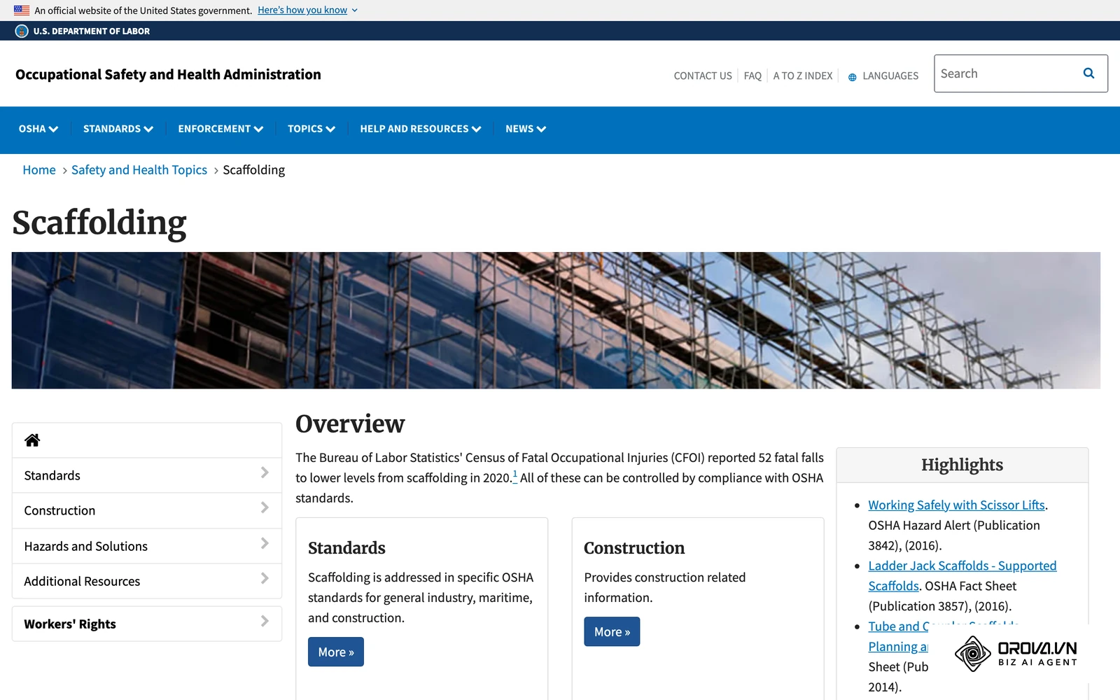 Scaffolding safety guidelines outline load capacities and required fall protection measures.