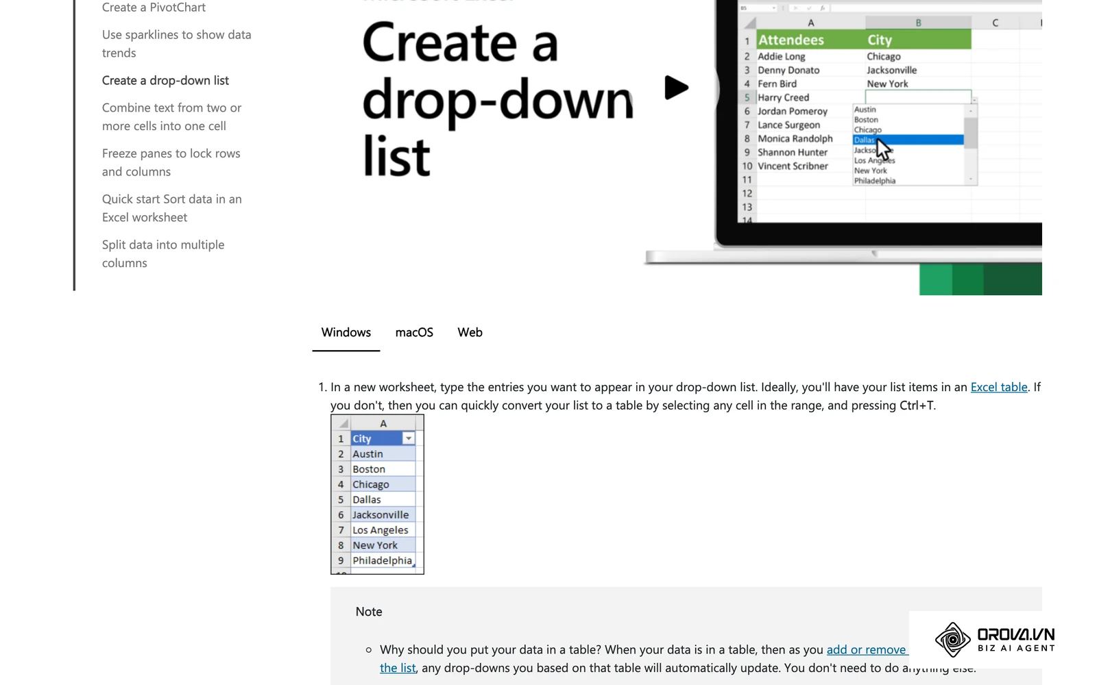 Microsoft Support page for Excel showing a City column turned into a drop-down list, the spreadsheet version of a controlled CRM picklist.