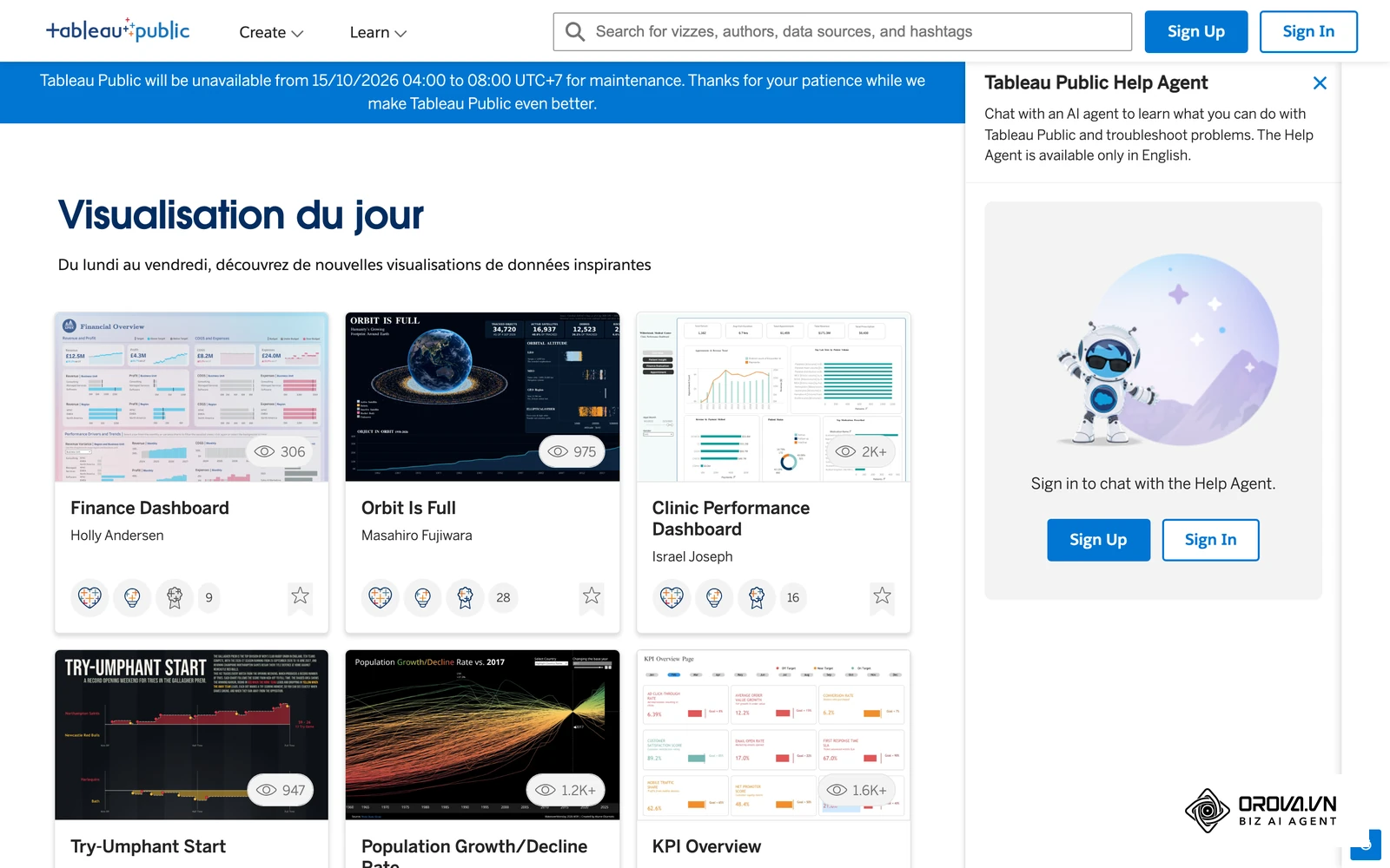 Galerie « Visualisation du jour » de Tableau Public : tableaux de bord réels publiés avec Tableau (finance, santé, KPI).