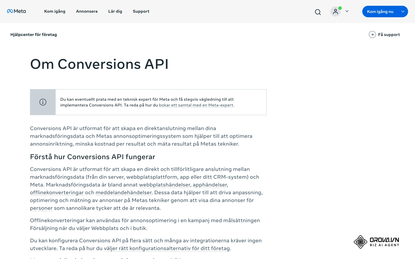 Metas hjälpcenter för företag, ”Om Conversions API”: hur serverhändelser skickas till Meta vid sidan av pixeln.