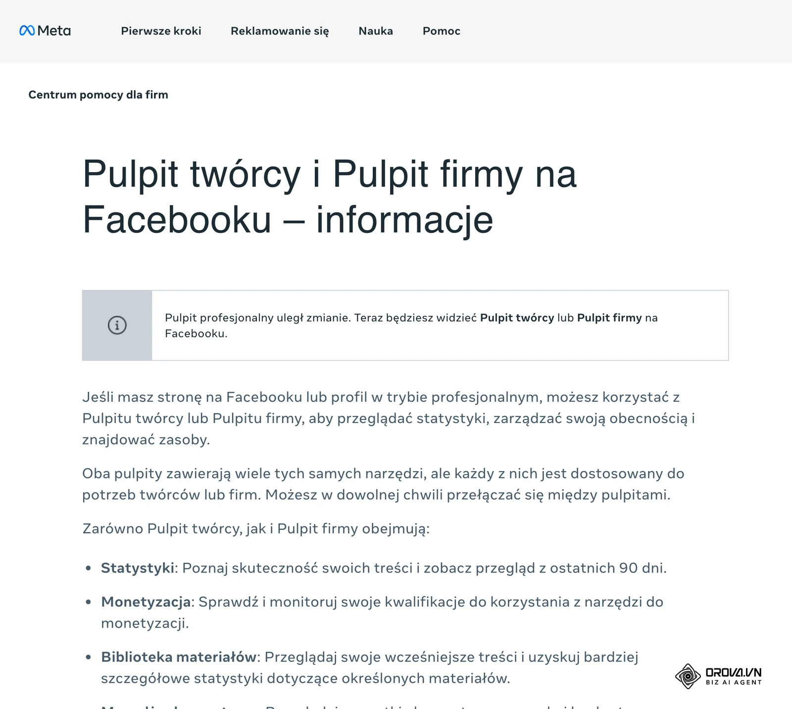 Centrum pomocy Meta dla firm: Pulpit twórcy i Pulpit firmy na Facebooku – panele ze statystykami i narzędziami dla stron firmowych.