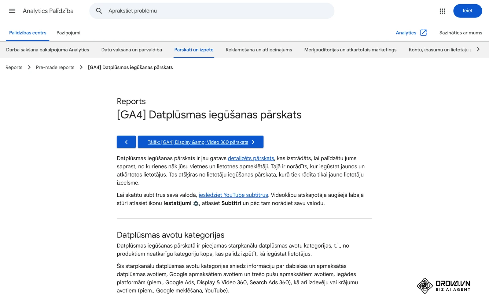 Google Analytics palīdzības raksts par GA4 Datplūsmas iegūšanas pārskatu (Traffic acquisition), kur kampaņas datplūsma redzama pēc avota un kanāla.