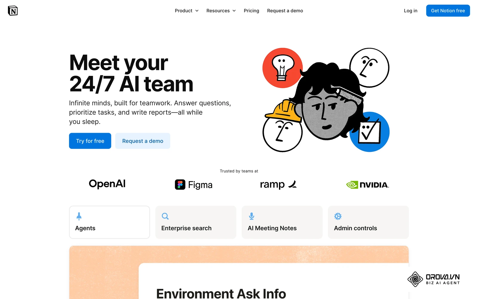 ទំព័រផលិតផល Notion AI លើគេហទំព័រផ្លូវការ បង្ហាញមុខងារ Agents ការស្វែងរកក្នុងស្ថាប័ន និងកំណត់ត្រាប្រជុំដោយ AI