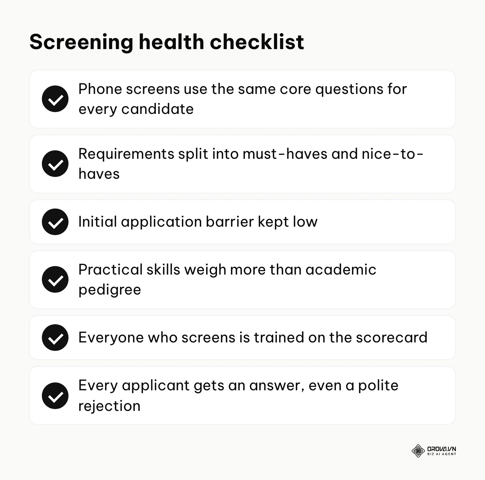 Checklist summarizing best practices to avoid common screening mistakes