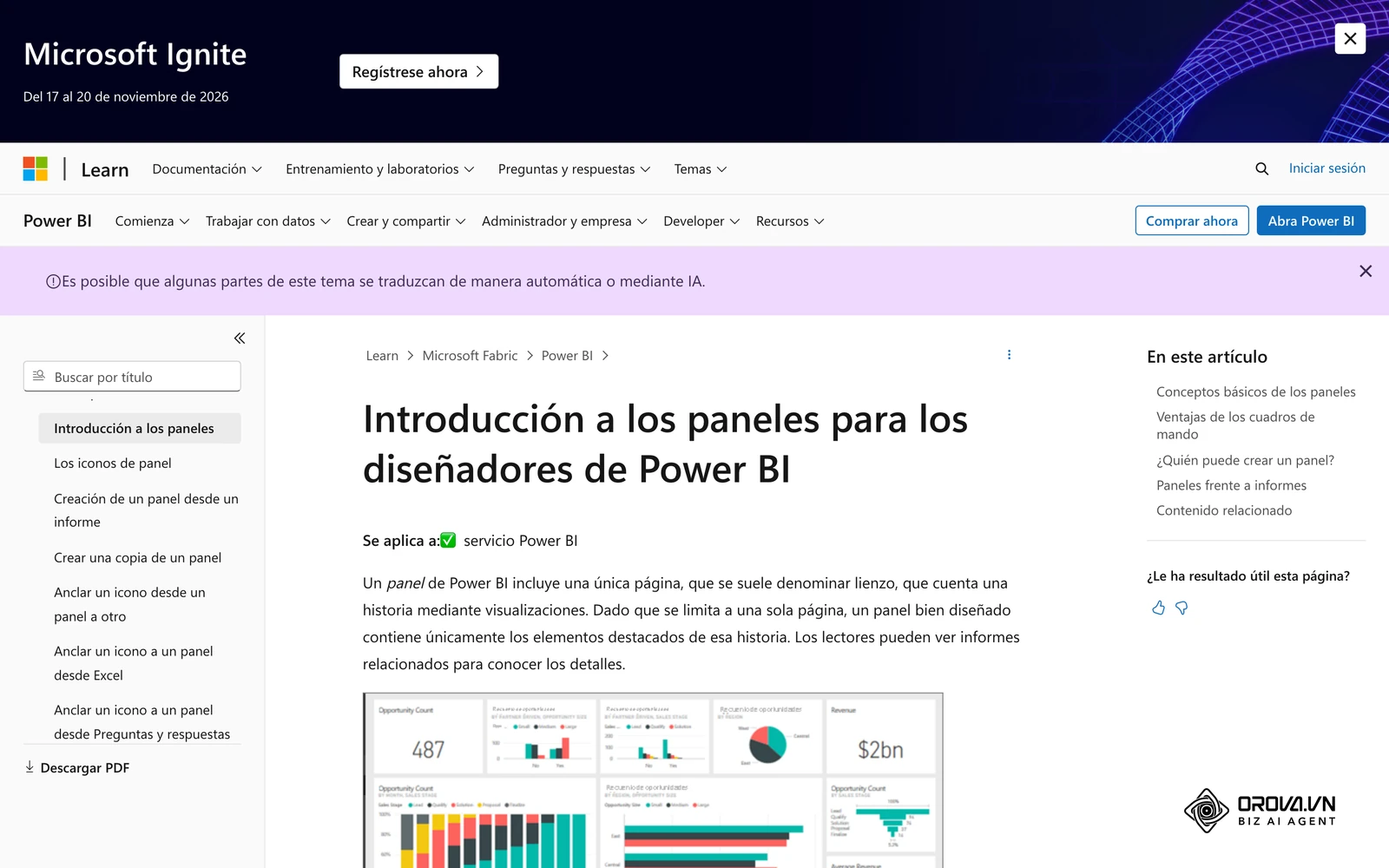 Documentación oficial que muestra la estructura básica de un panel con iconos y visuales anclados.