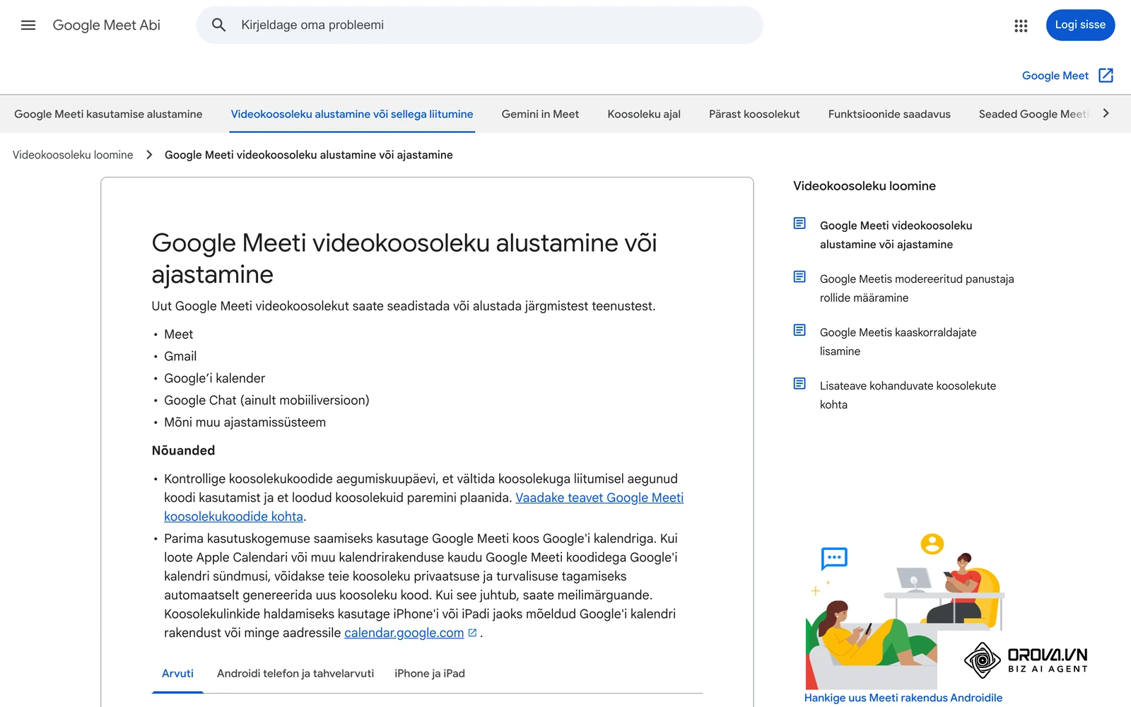 Google Meeti abileht videokoosoleku alustamise ja ajastamise kohta (eestikeelne versioon).