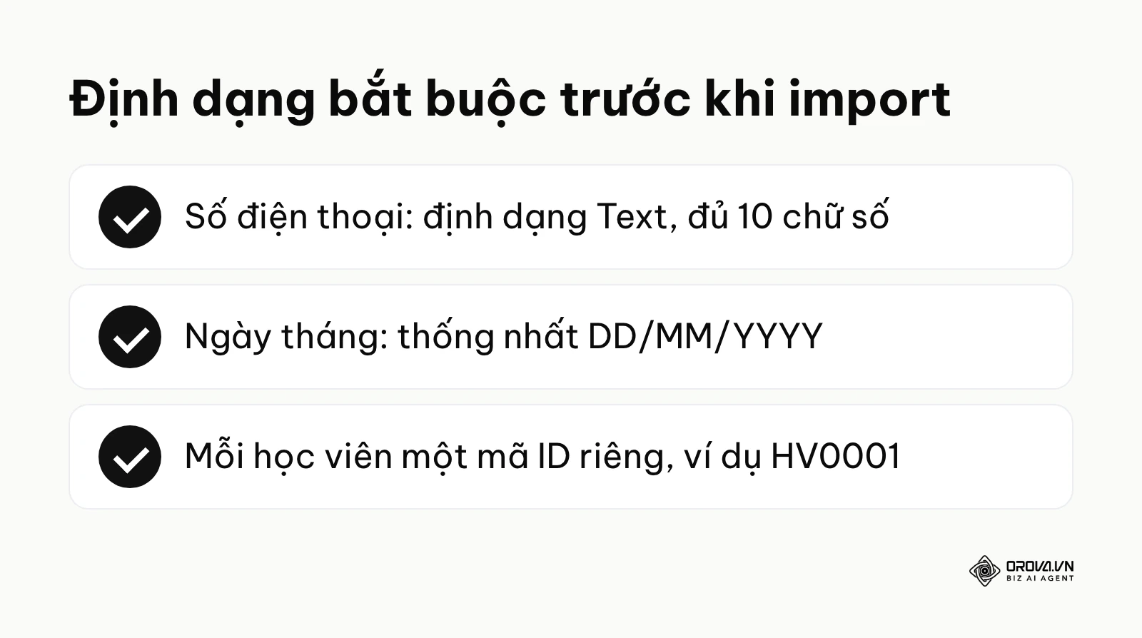 Tóm tắt định dạng cột số điện thoại, ngày tháng và mã học viên trước khi import