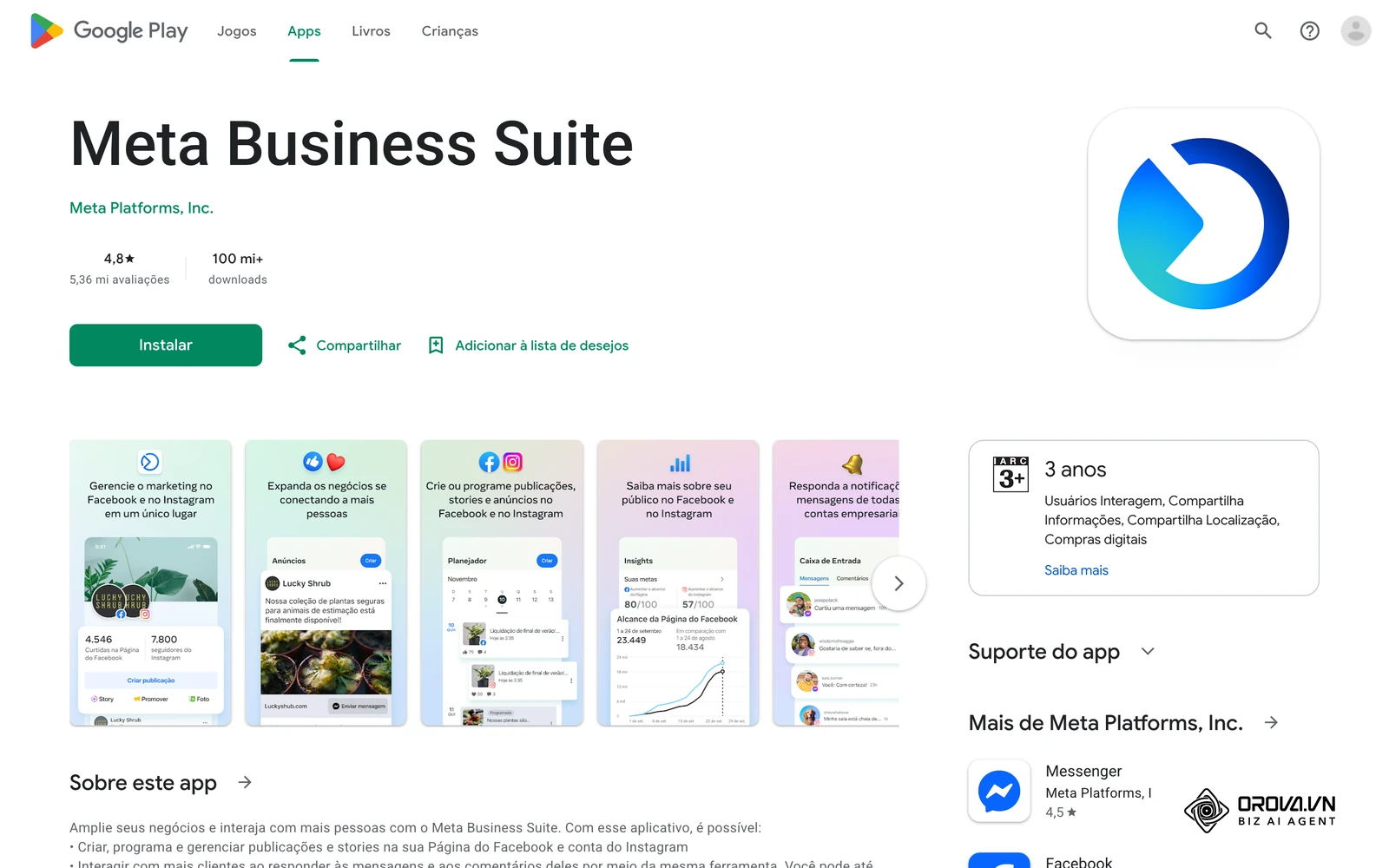 Página oficial do Meta Business Suite no Google Play, com as telas do Planejador (calendário de posts programados) e dos Insights.