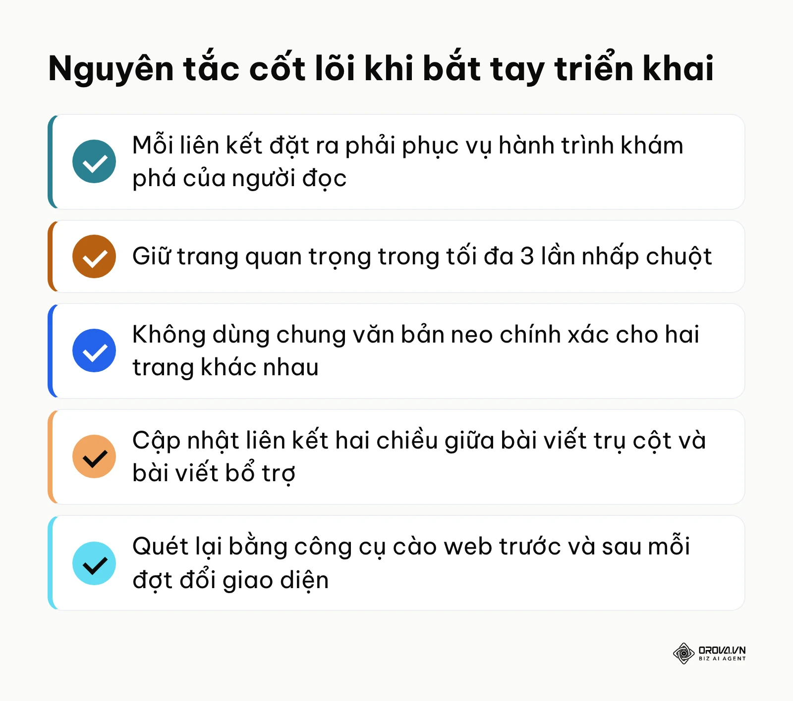 Bảng tóm tắt 5 nguyên tắc cốt lõi cần ghi nhớ khi bắt tay triển khai tối ưu liên kết nội bộ