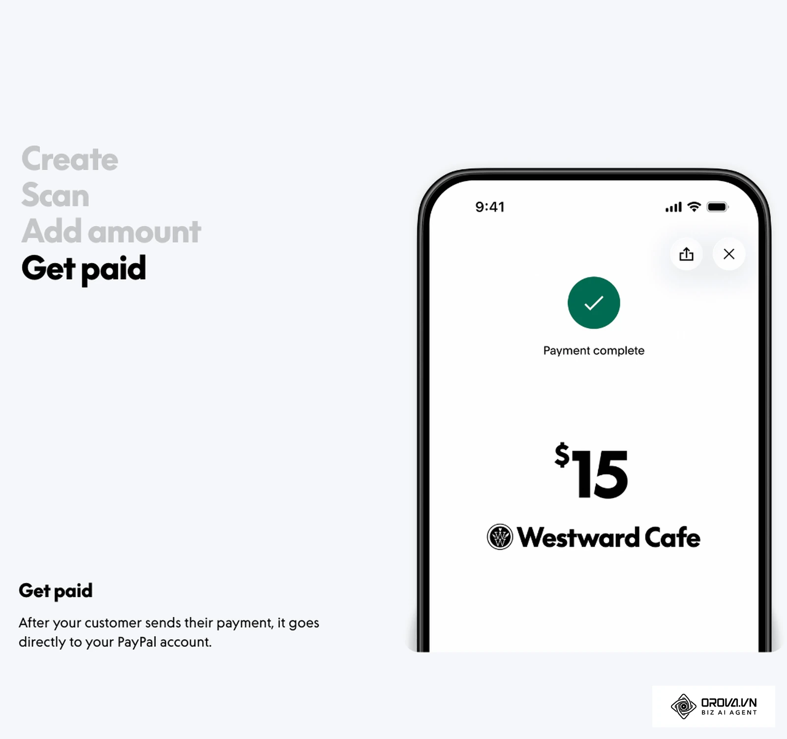 PayPal 官方页面展示的扫码付款完成界面,款项直接进入商家 PayPal 账户