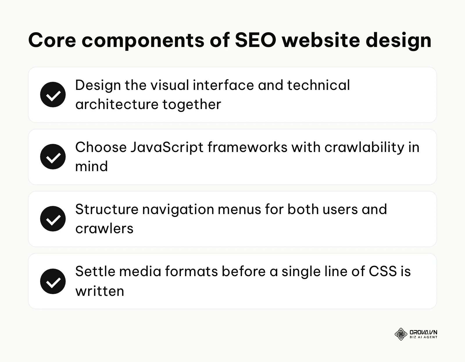 A checklist summarizing the foundational components required to build an SEO-driven website design.