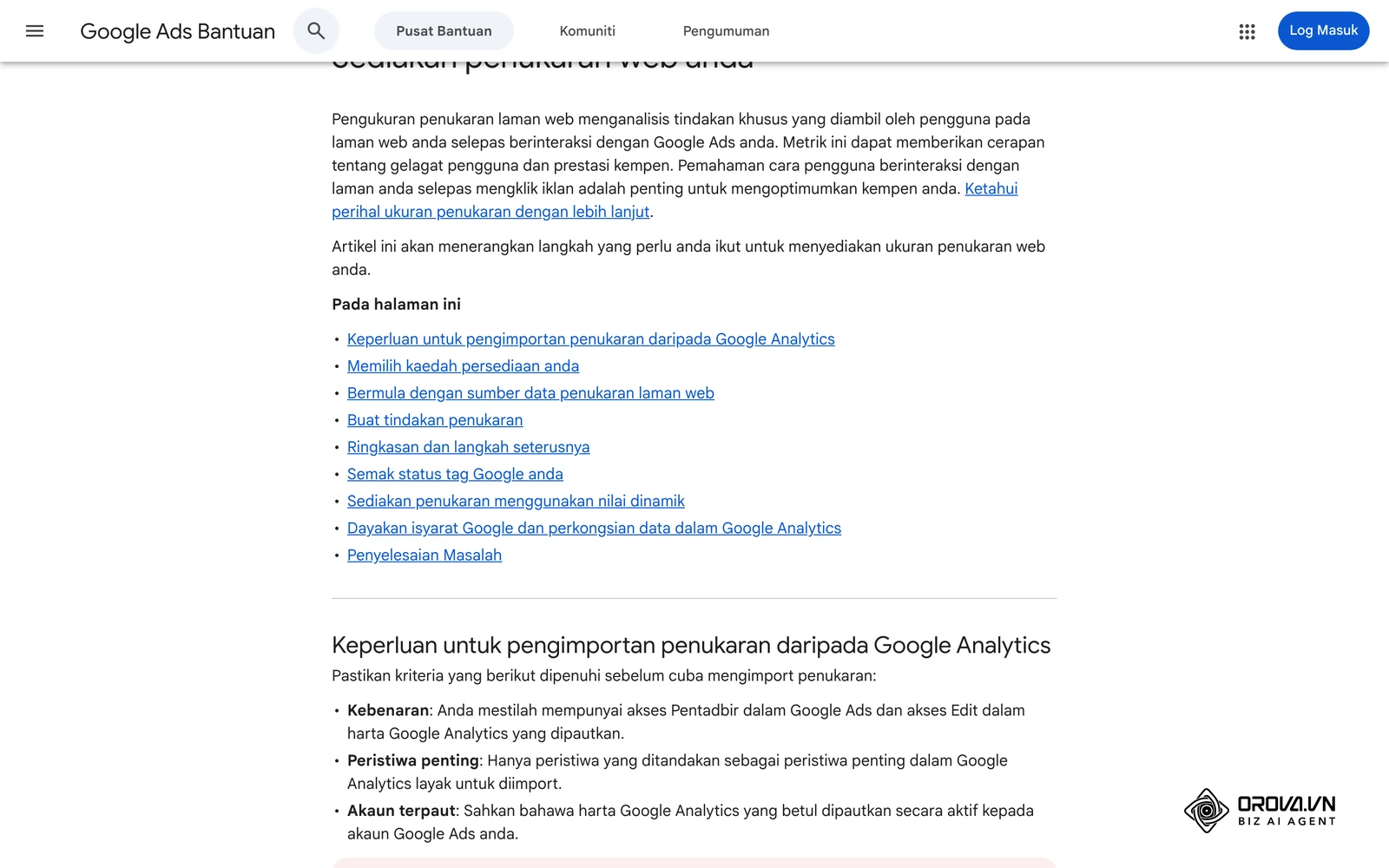 Halaman bantuan Google Ads tentang cara menyediakan penukaran web.