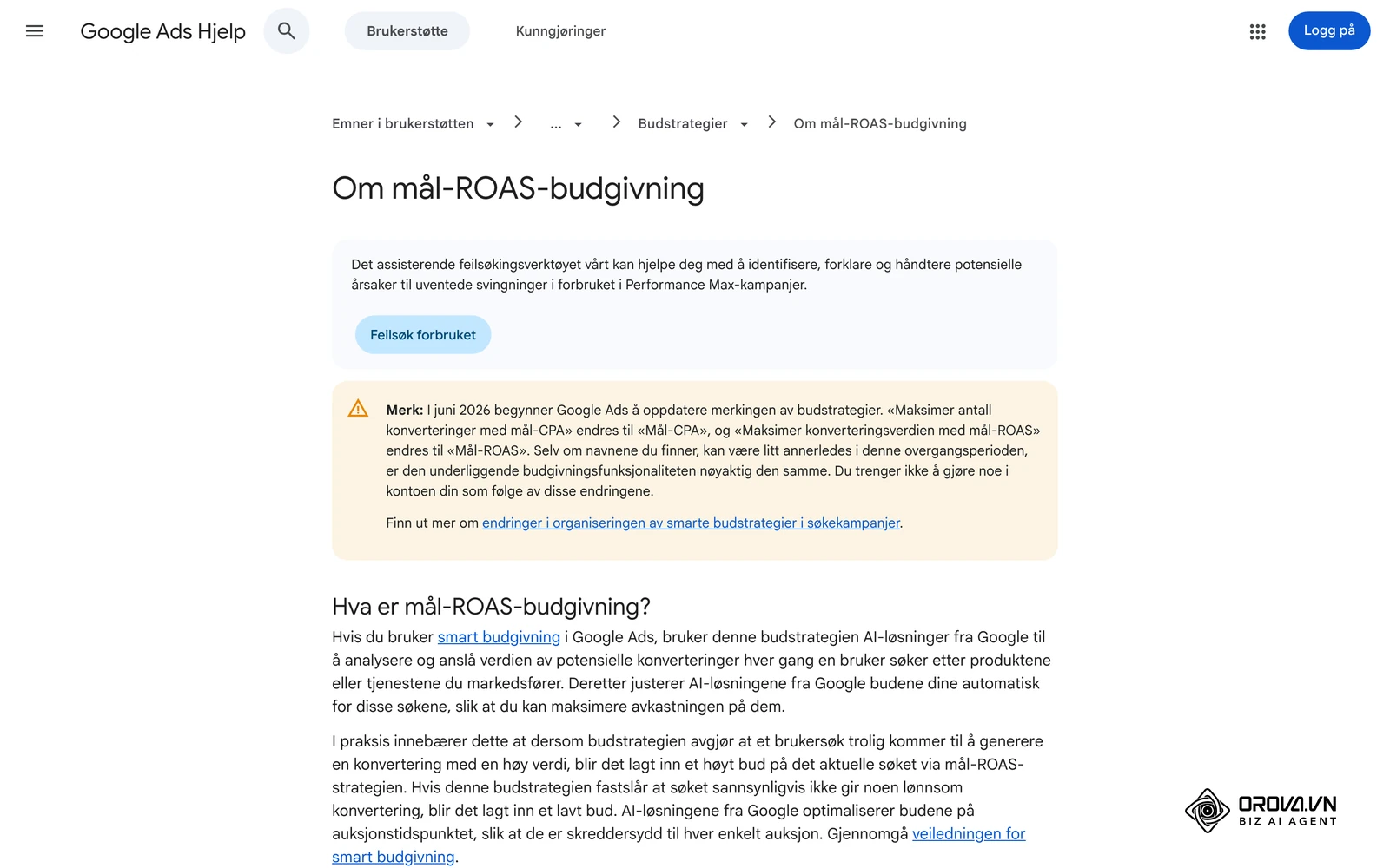 Google Ads Hjelp: artikkelen «Om mål-ROAS-budgivning» forklarer hvordan Google bruker ROAS når budene settes.