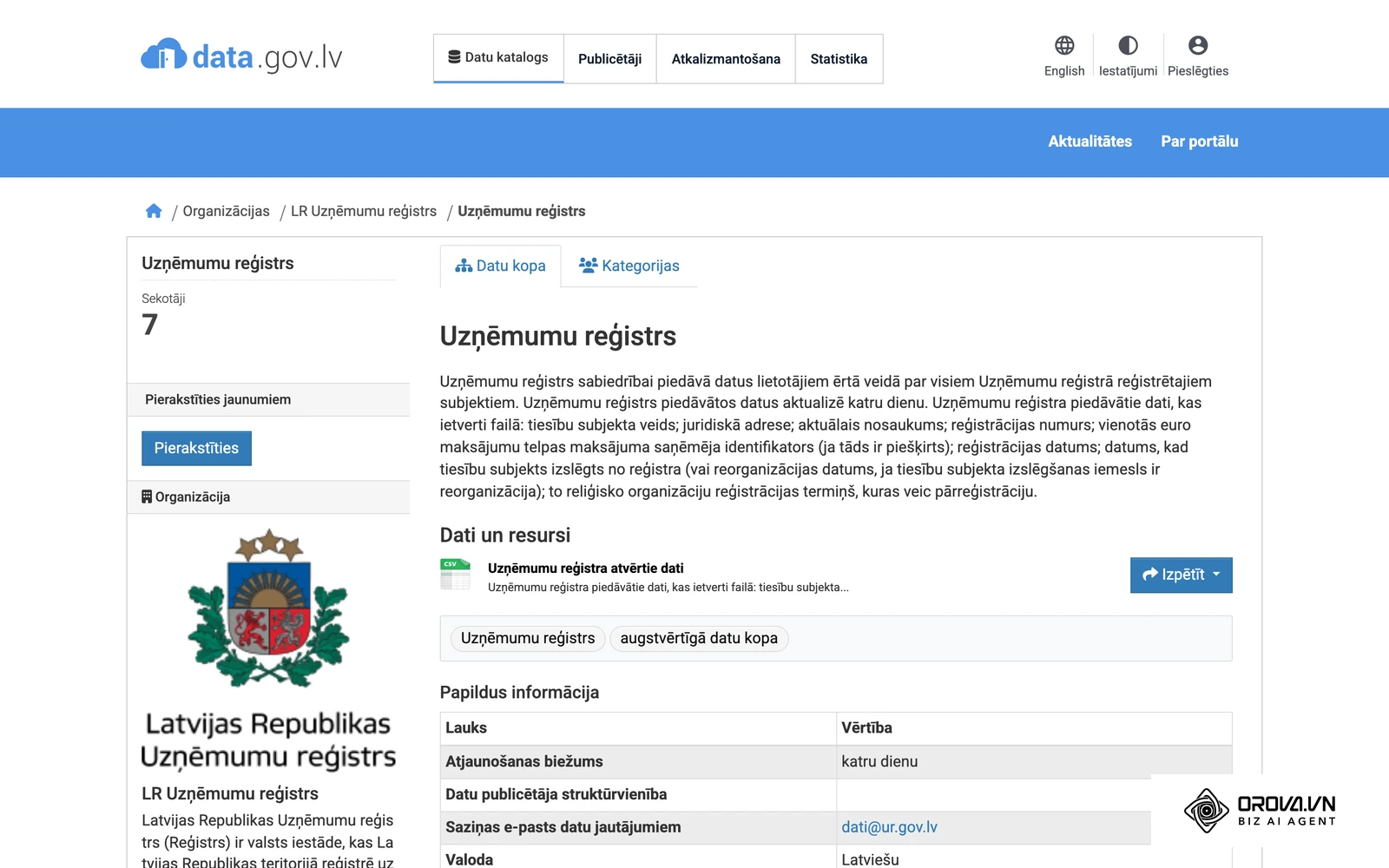 Uzņēmumu reģistra datu kopa Latvijas Atvērto datu portālā — no šejienes var lejupielādēt reģistrēto uzņēmumu sarakstu atlasei.